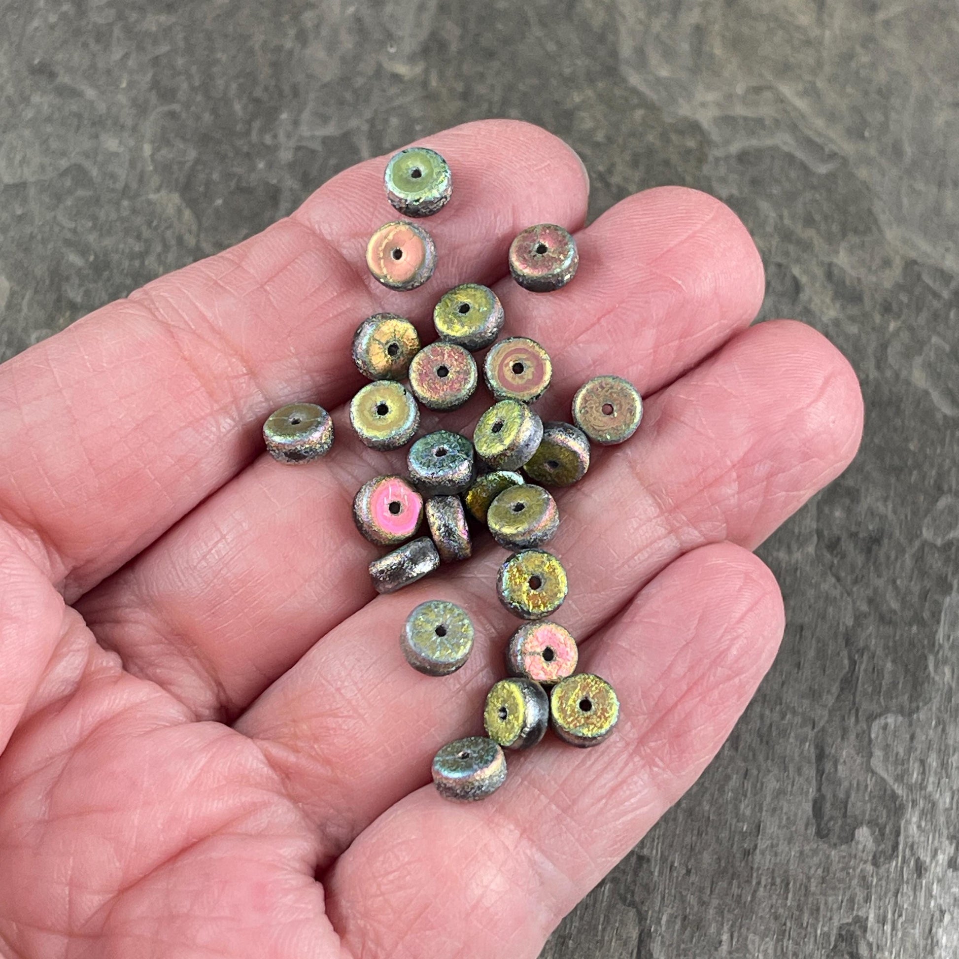 Czech Glass Beads - 6mm Etched Light Gray Heishi Rondelle, Gray with Peacock and AB Finishes (HSH/N-0324) * 50 Beads