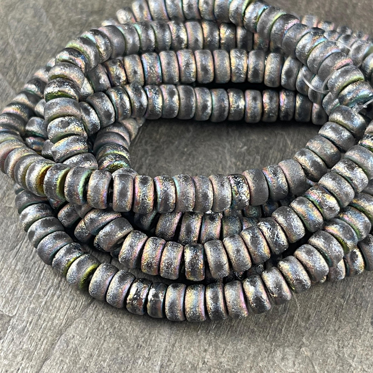 Czech Glass Beads - 6mm Etched Light Gray Heishi Rondelle, Gray with Peacock and AB Finishes (HSH/N-0324) * 50 Beads