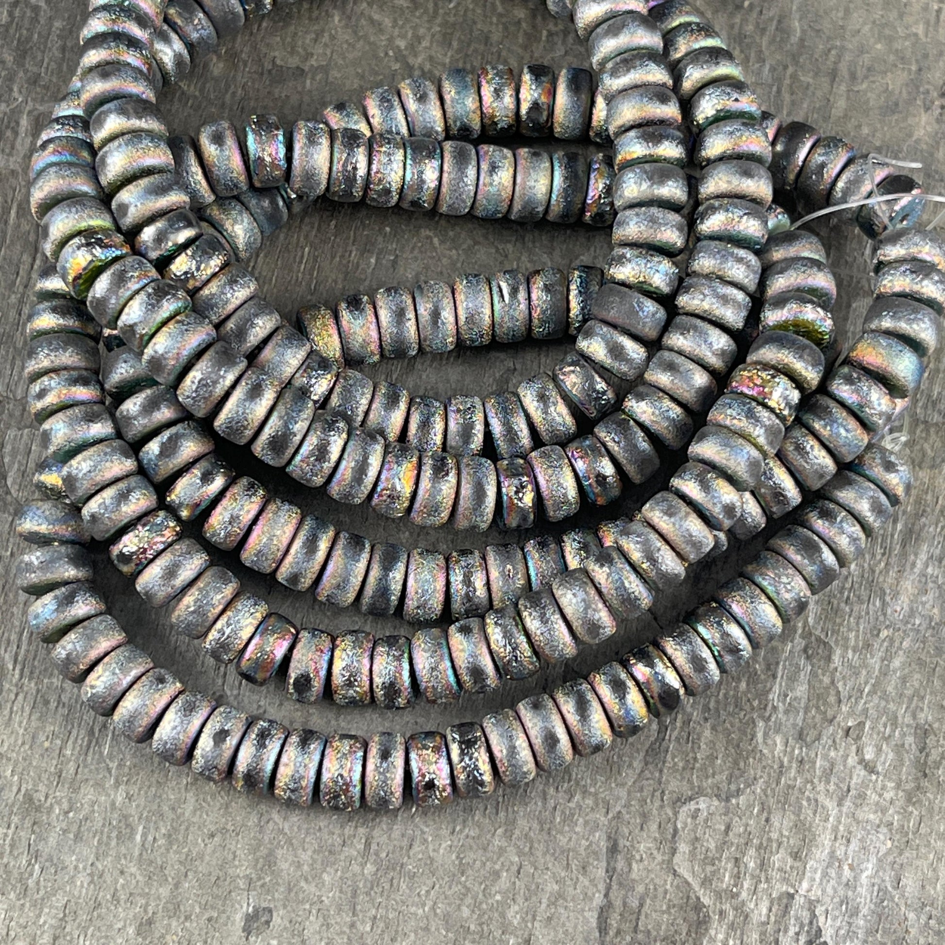 6mm Etched Light Gray Heishi Rondelle, Czech Glass Beads, Gray with Peacock and AB Finishes (HSH/N-0324) * 50 Beads