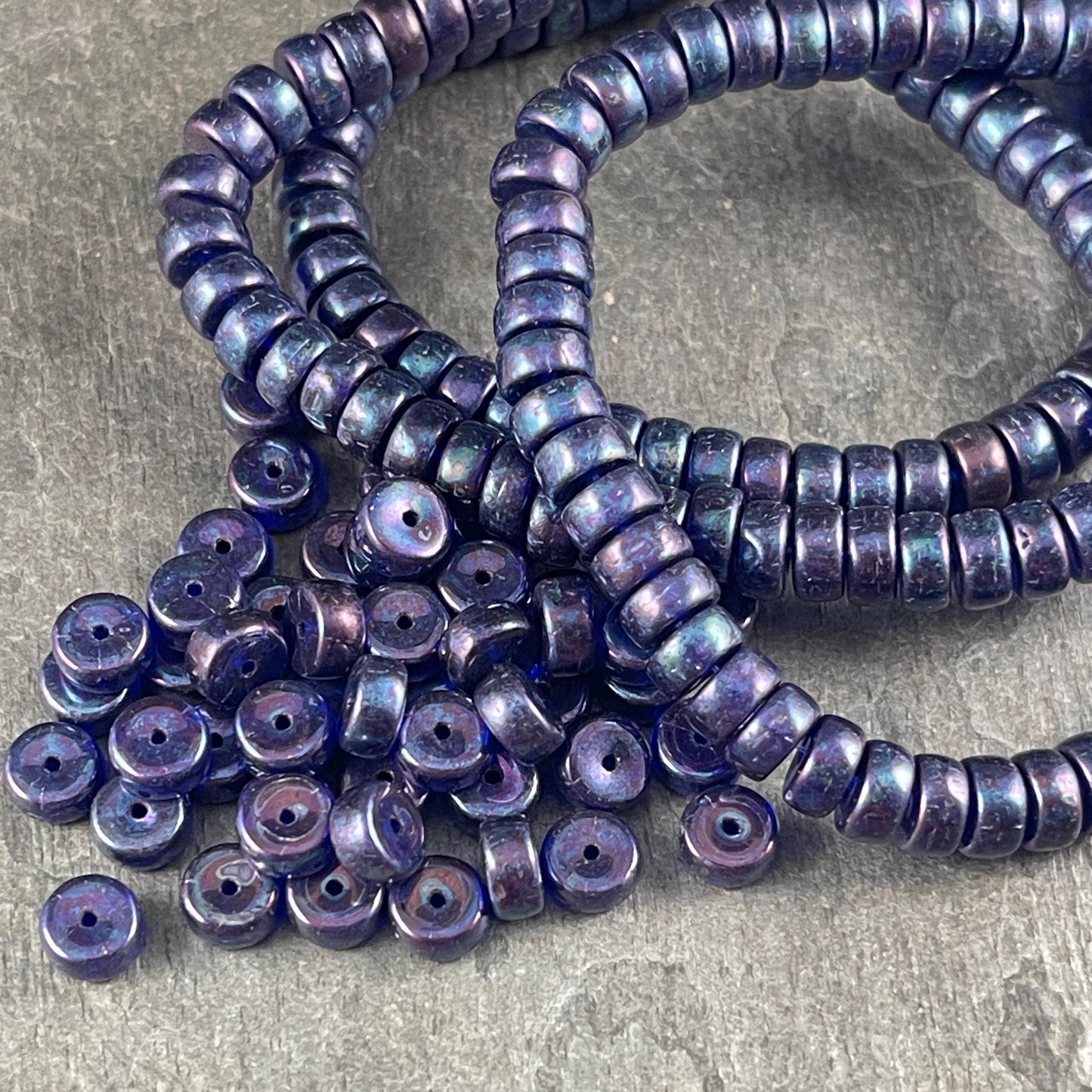 6mm Dark Blue Heishi Rondelle, Czech Glass Beads, Sapphire with Mother of Pearl Finish (HSH/N-0323) * 50 Beads