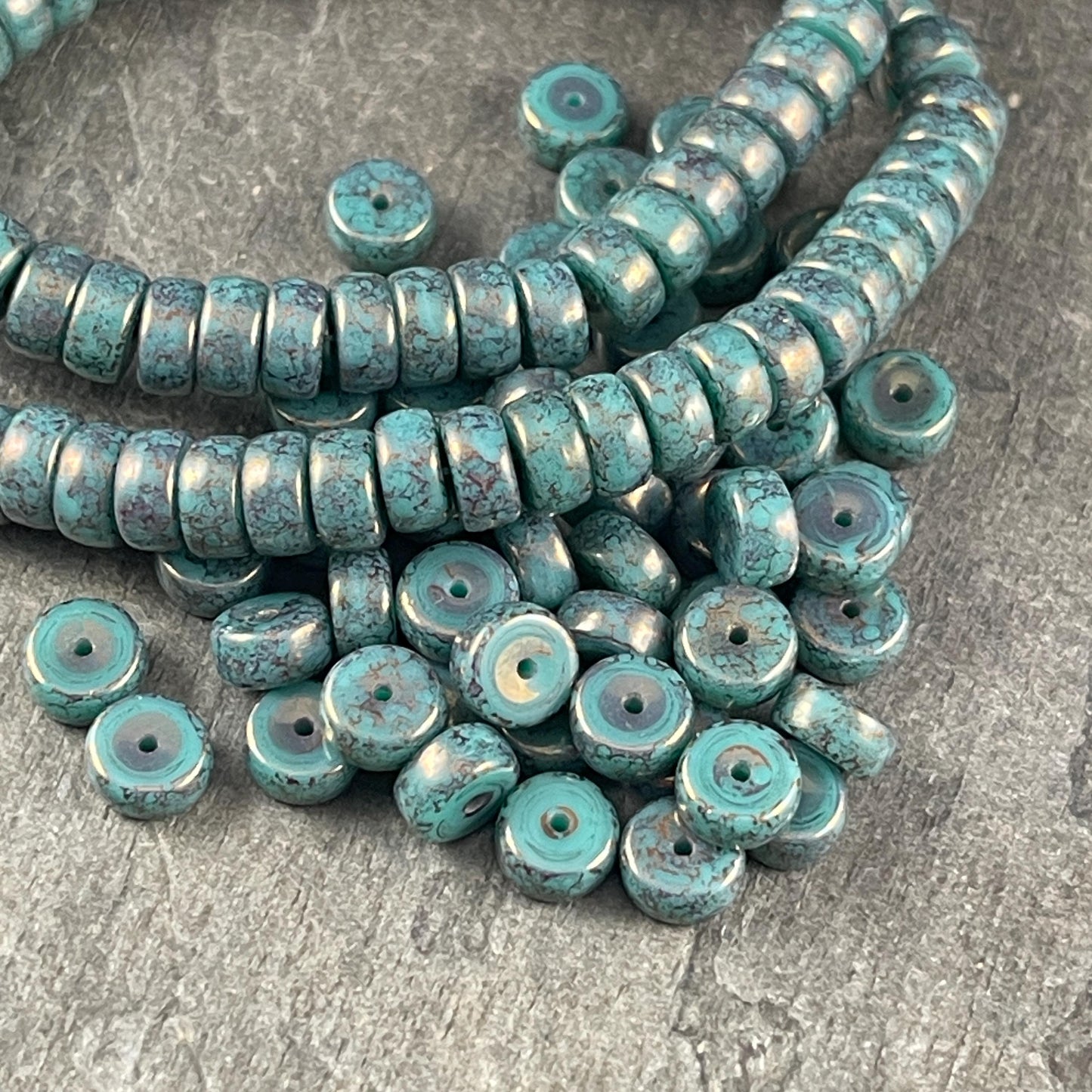 6mm Marbled Turquoise Heishi Rondelle, Czech Glass Beads, Dark Turquoise with Bronze Picasso Finish (HSH/N-0303) * 50 Beads