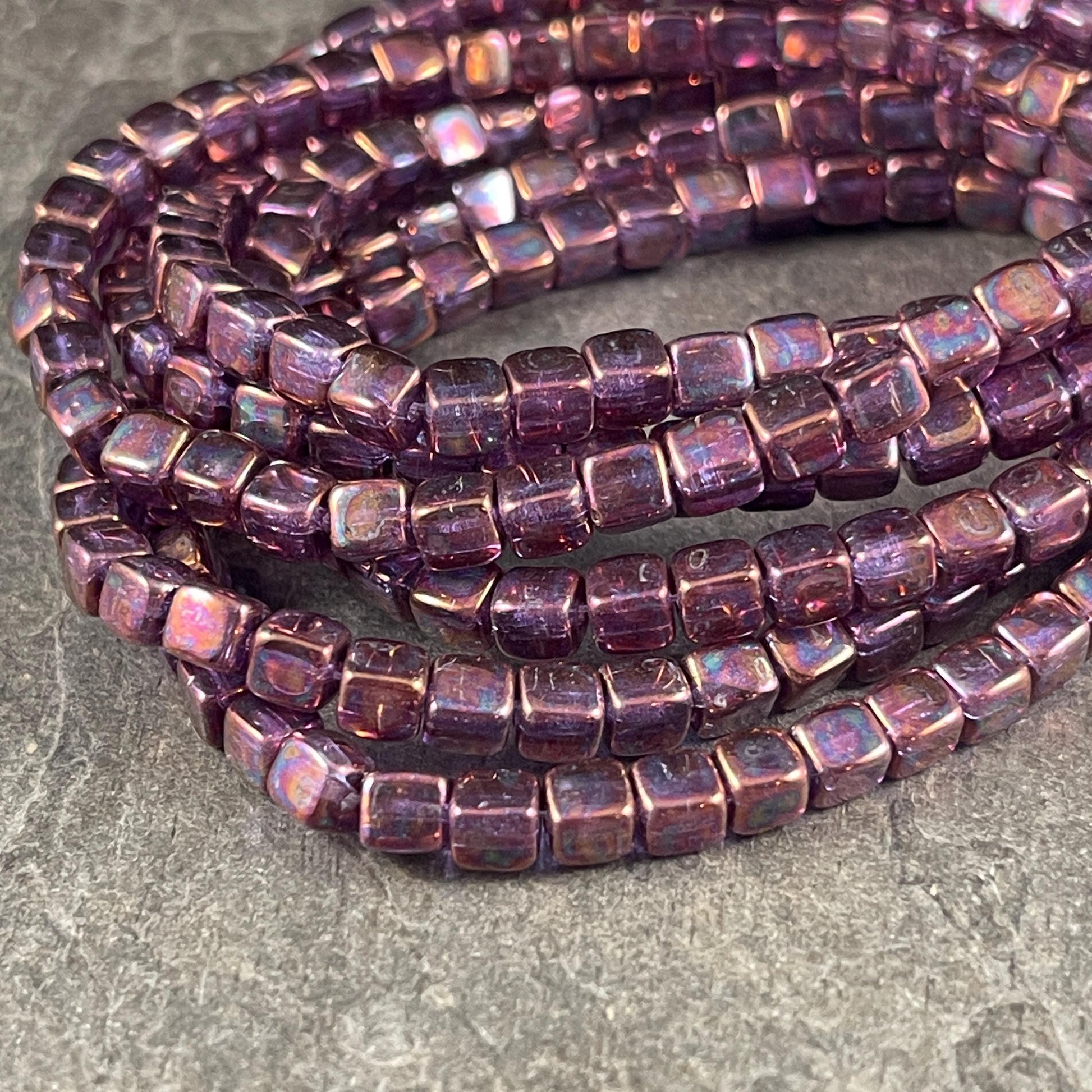 4mm Czech Glass Cube Beads, Metallic Rust Czech Glass Beads with Purple Iridescent Finish (CUB/N-0917) * Qty. 40