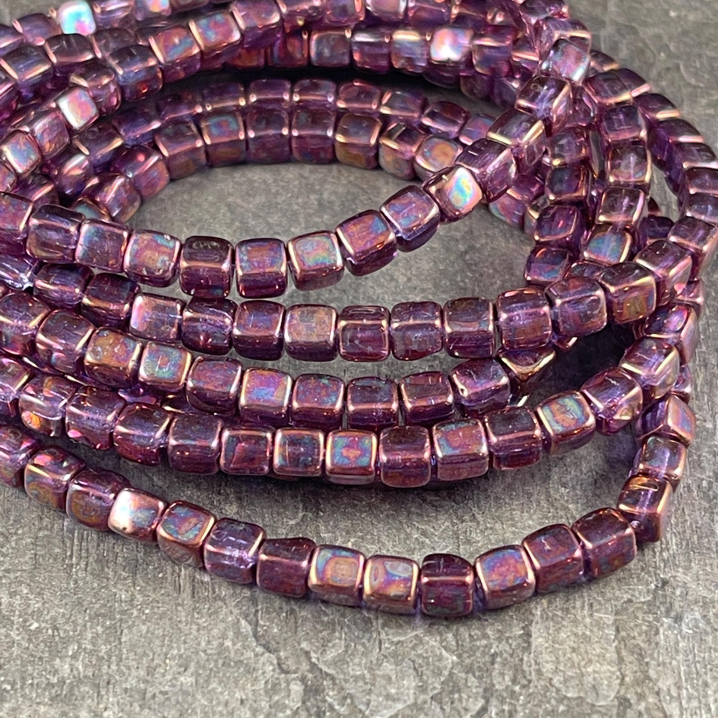 4mm Czech Glass Cube Beads, Metallic Rust Czech Glass Beads with Purple Iridescent Finish (CUB/N-0917) * Qty. 40