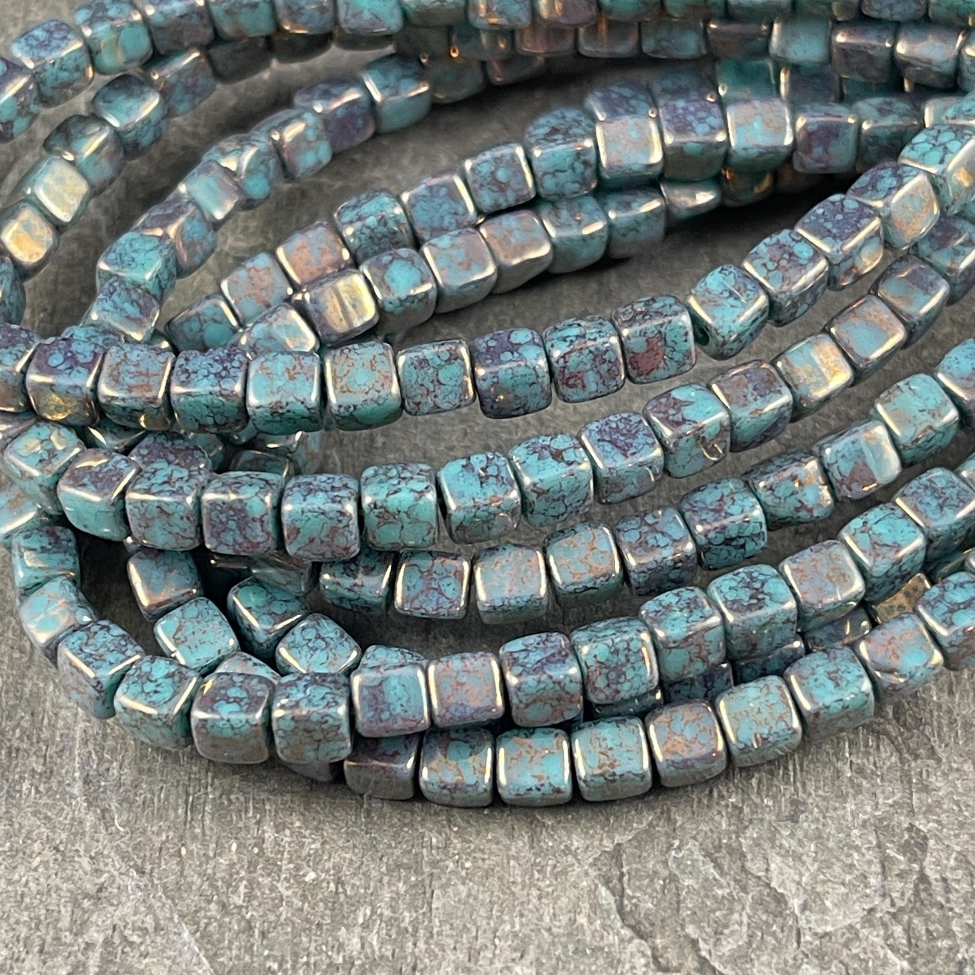 4mm Czech Glass Cube Beads, Turquoise Czech Glass Beads with Bronzed Indigo Picasso (CUB/N-2086) * Qty. 40