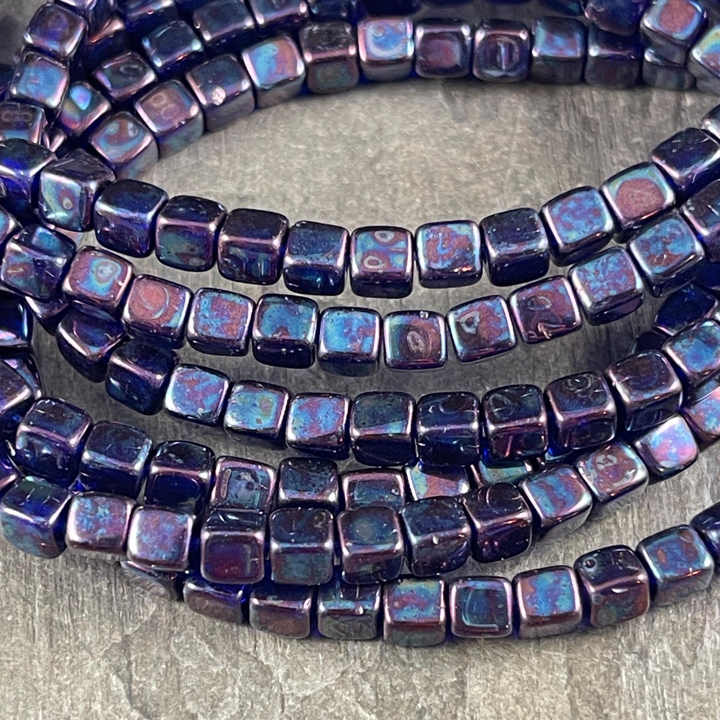 4mm Dark Blue Czech Glass Cube Beads, Sapphire Czech Glass Beads with Mother of Pearl Finish (CUB/N-1088) * Qty. 40