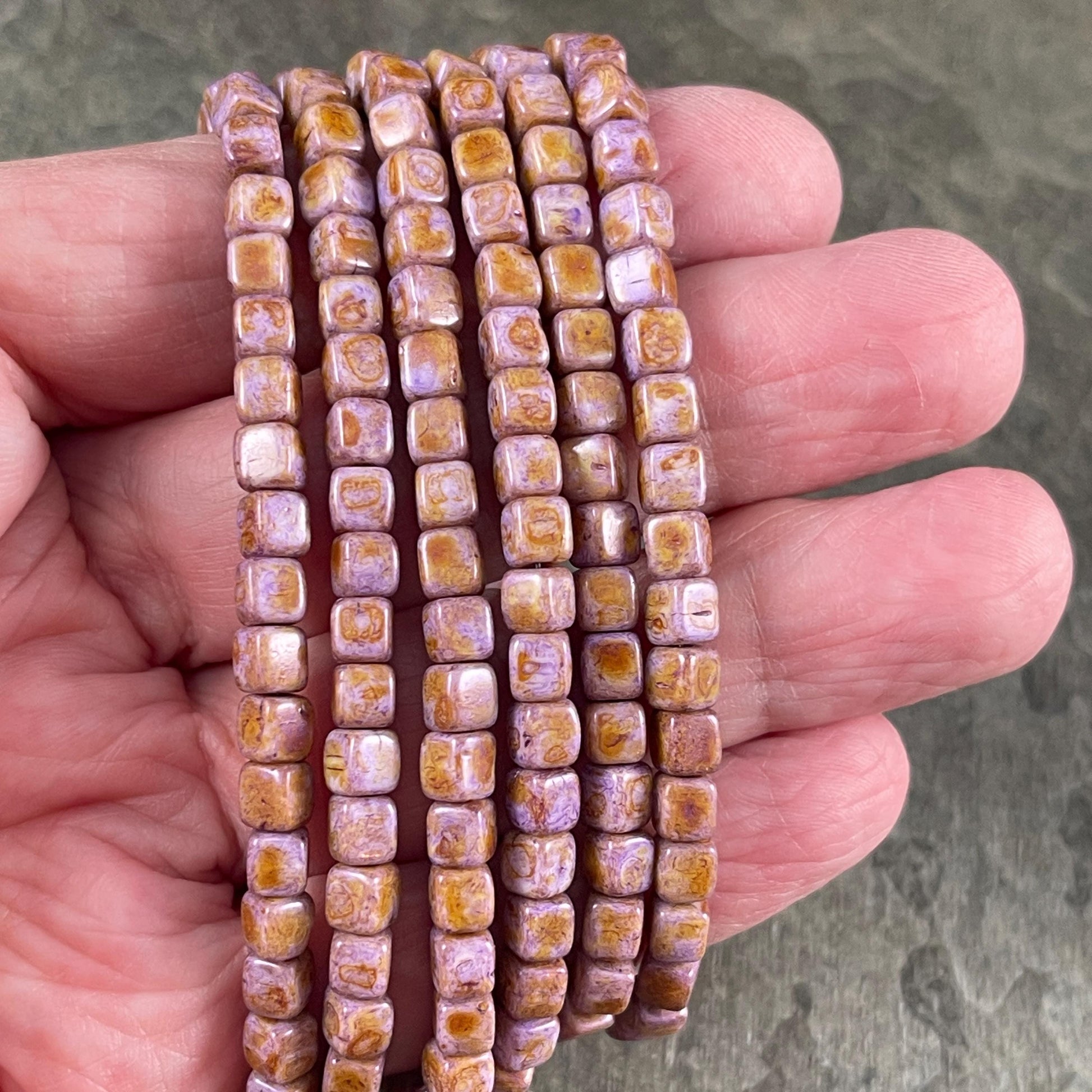 4mm Czech Glass Cube Beads, Thistle Purple Czech Glass Beads with Rust Picasso Finish (CUB/N-0818) * Qty. 40