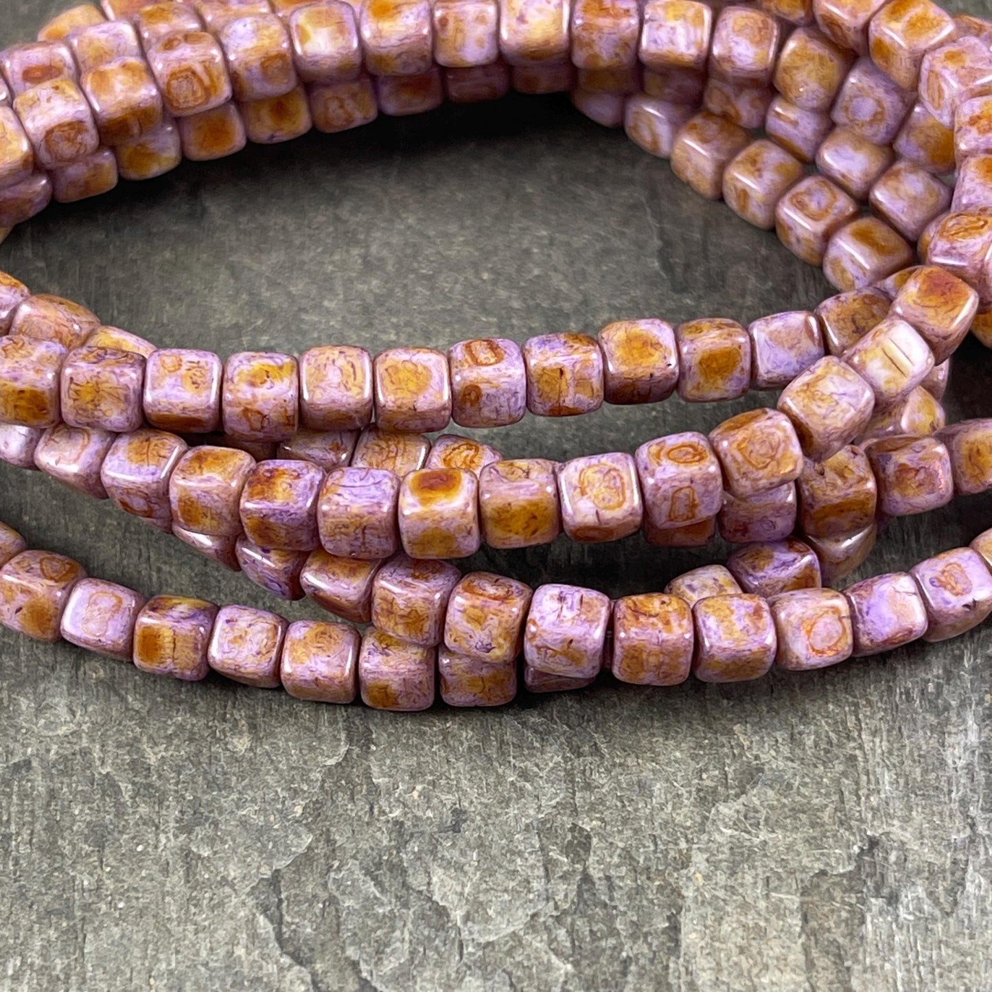 4mm Czech Glass Cube Beads, Thistle Purple Czech Glass Beads with Rust Picasso Finish (CUB/N-0818) * Qty. 40