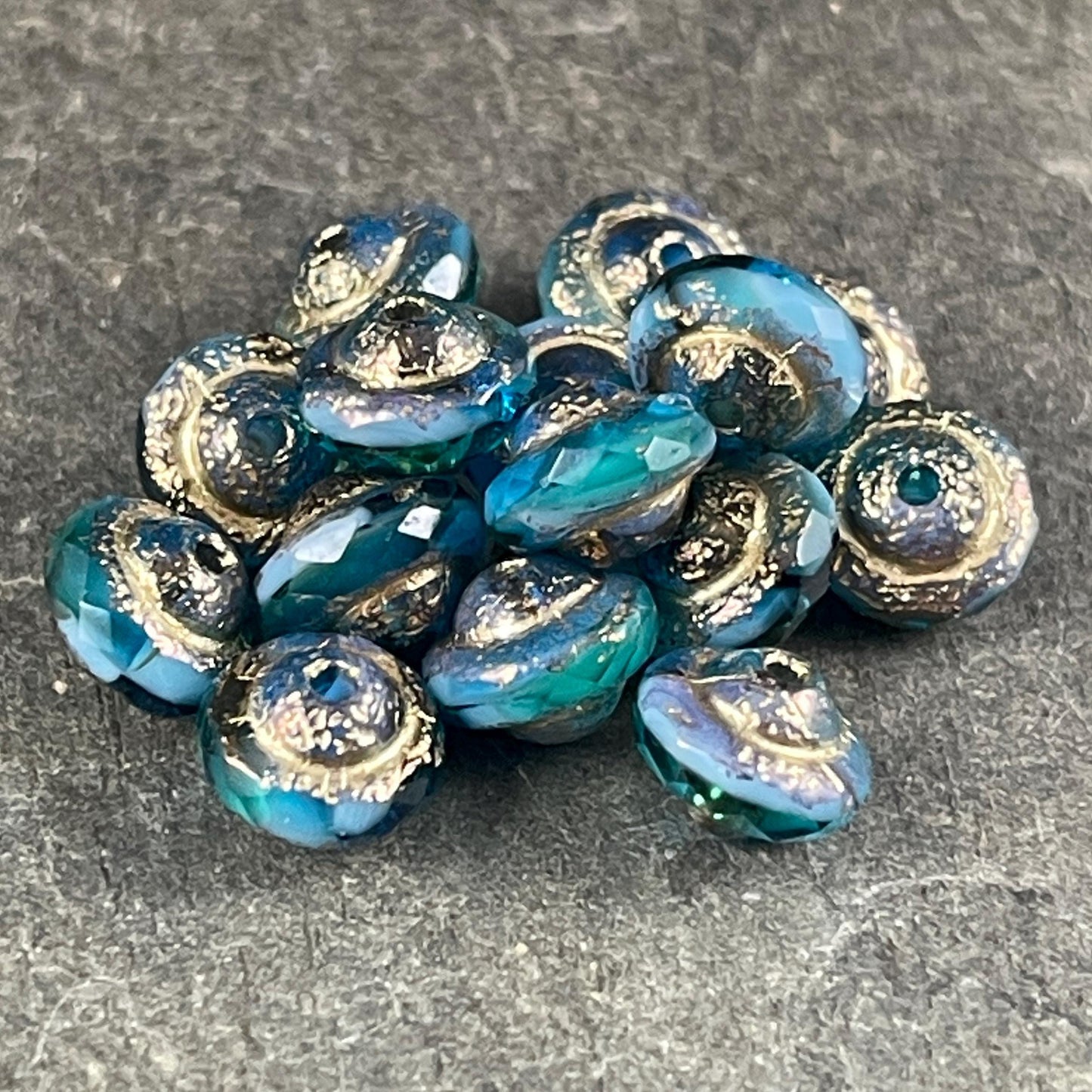 Capri and Sky Blue 8x6mm Bicone, Czech Glass Beads, Two-Tone Blue with Etched Gold Picasso (SAT/N-1541) * Qty. 15