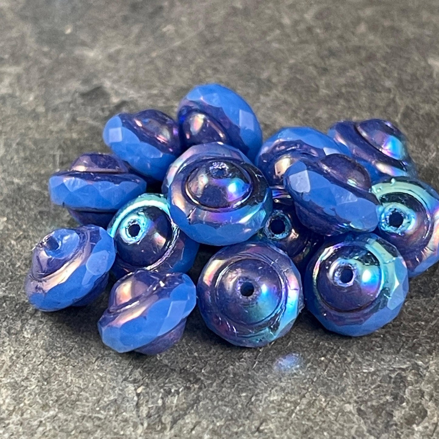 Blue 8x6mm Bicone, Czech Glass Beads, Cornflower Blue with Bronze Picasso and AB Finish (SAT/N-0792) * Qty. 15