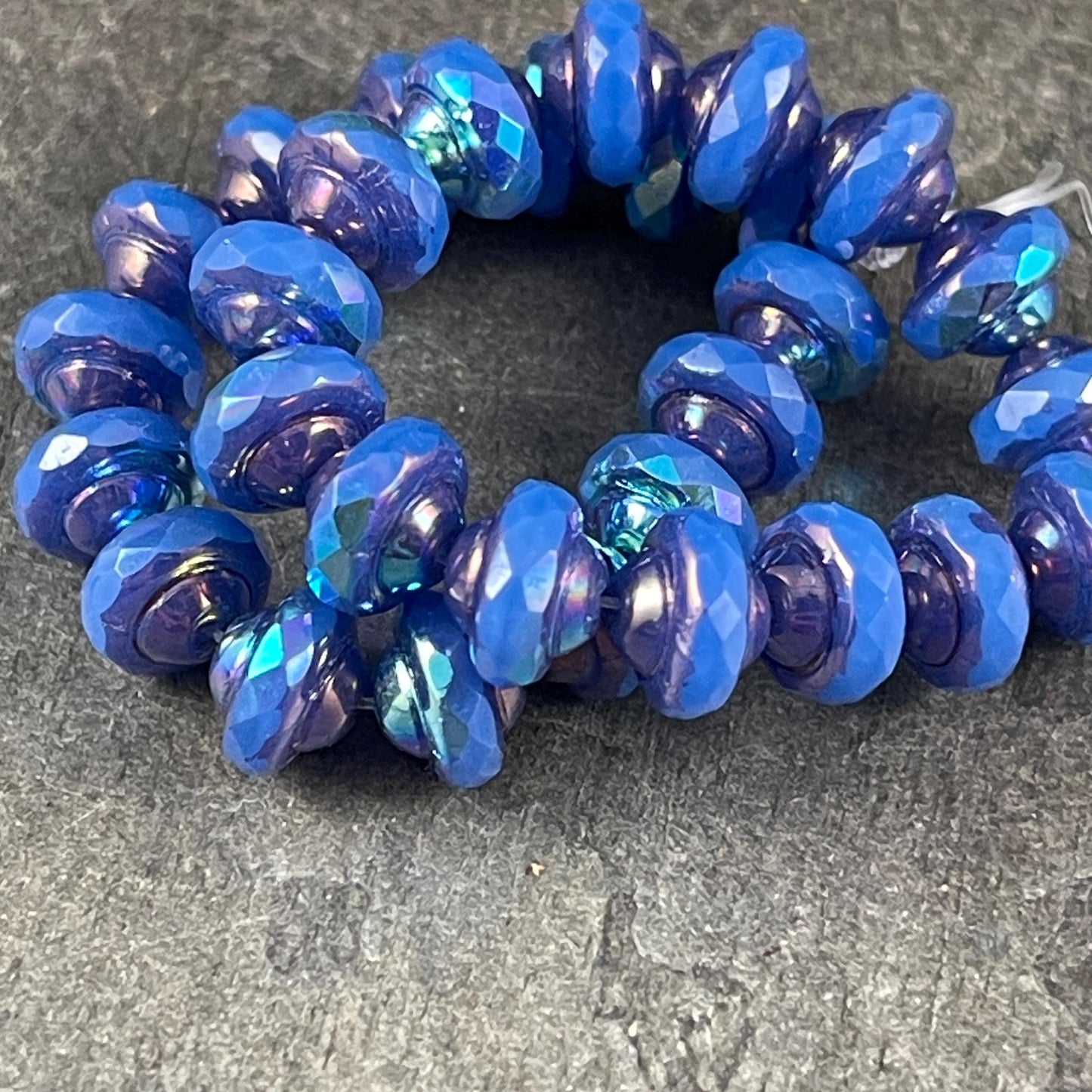 Blue 8x6mm Bicone, Czech Glass Beads, Cornflower Blue with Bronze Picasso and AB Finish (SAT/N-0792) * Qty. 15