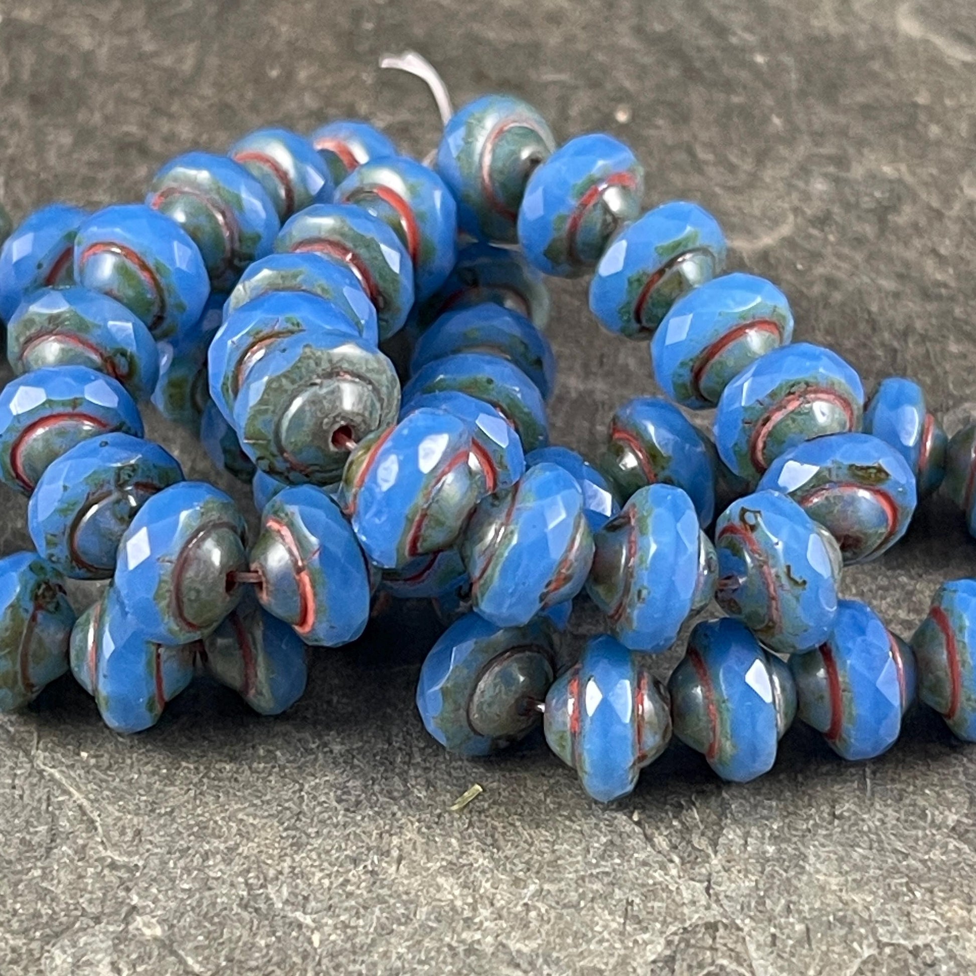 Blue 8x6mm Bicone, Czech Glass Beads, Cornflower Blue with Rustic Picasso (SAT/N-1074) * Qty. 15