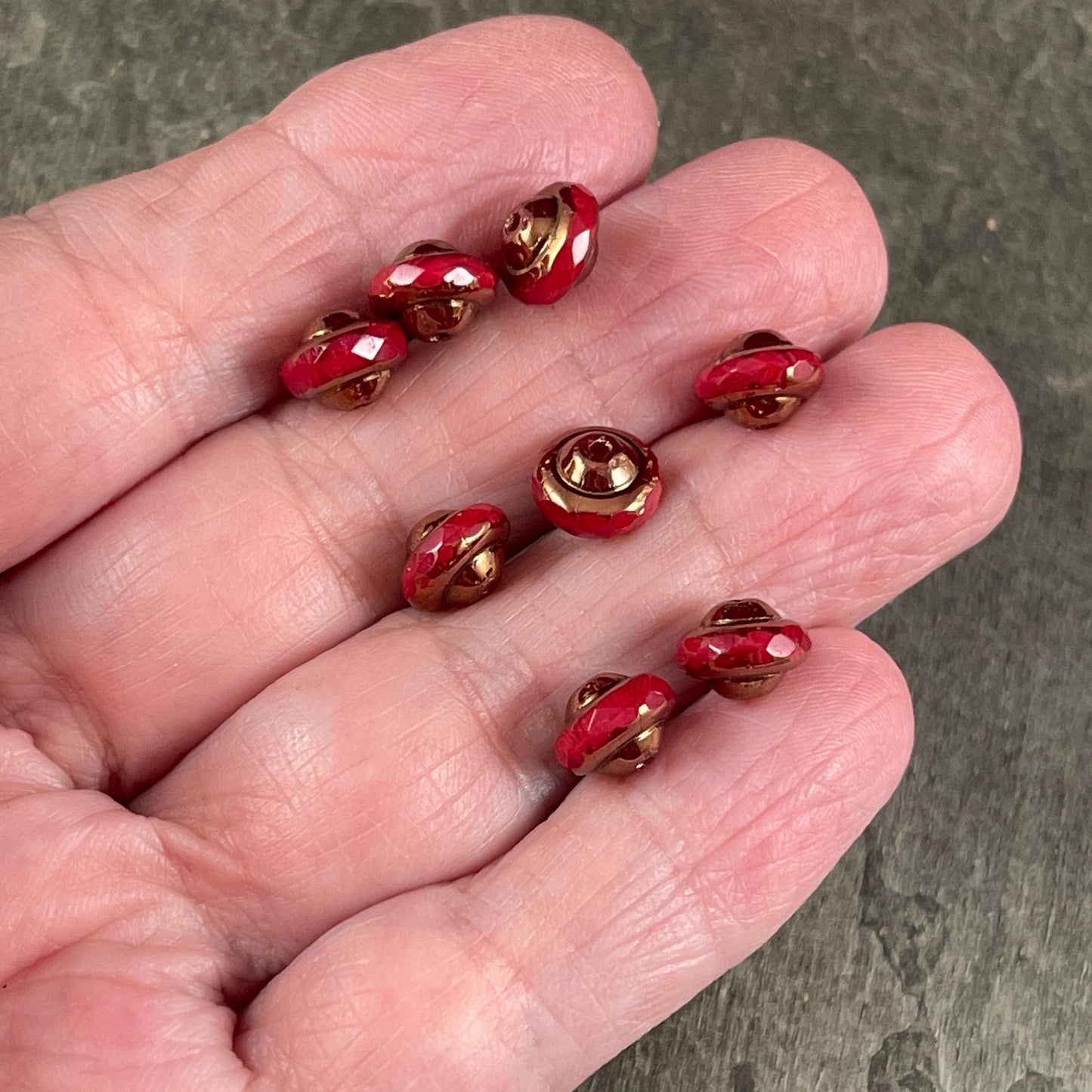 Opaque Red 8x6mm Bicone, Czech Glass Beads, Ruby Red Silk with Bronze Picasso (SAT/N-2072) * Qty. 15