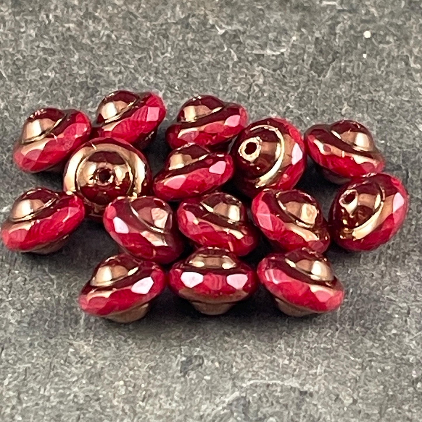 Opaque Red 8x6mm Bicone, Czech Glass Beads, Ruby Red Silk with Bronze Picasso (SAT/N-2072) * Qty. 15