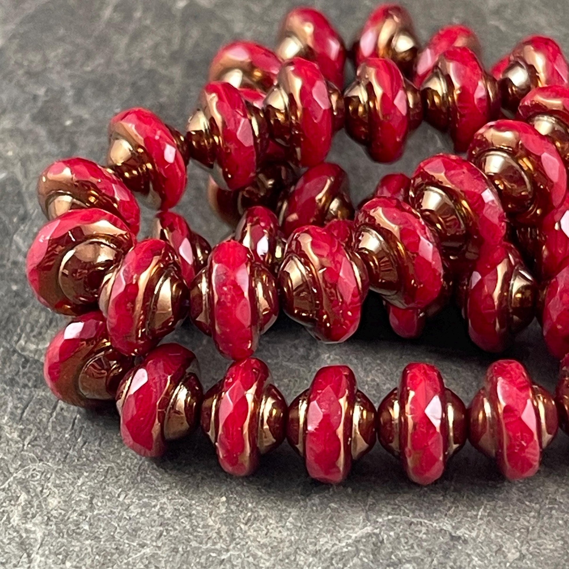 Opaque Red 8x6mm Bicone, Czech Glass Beads, Ruby Red Silk with Bronze Picasso (SAT/N-2072) * Qty. 15