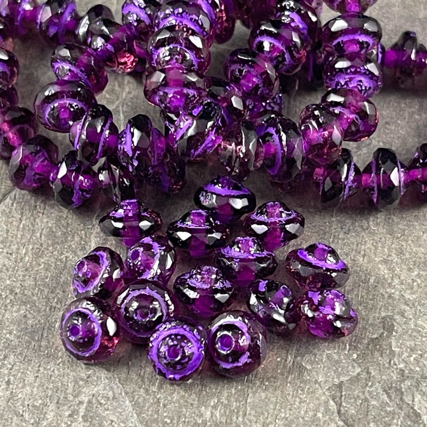 Purple 8x6mm Bicone, Czech Glass Beads, Transparent Purple with Etched Finish and Purple Wash (SAT/N-2068) * Qty. 15