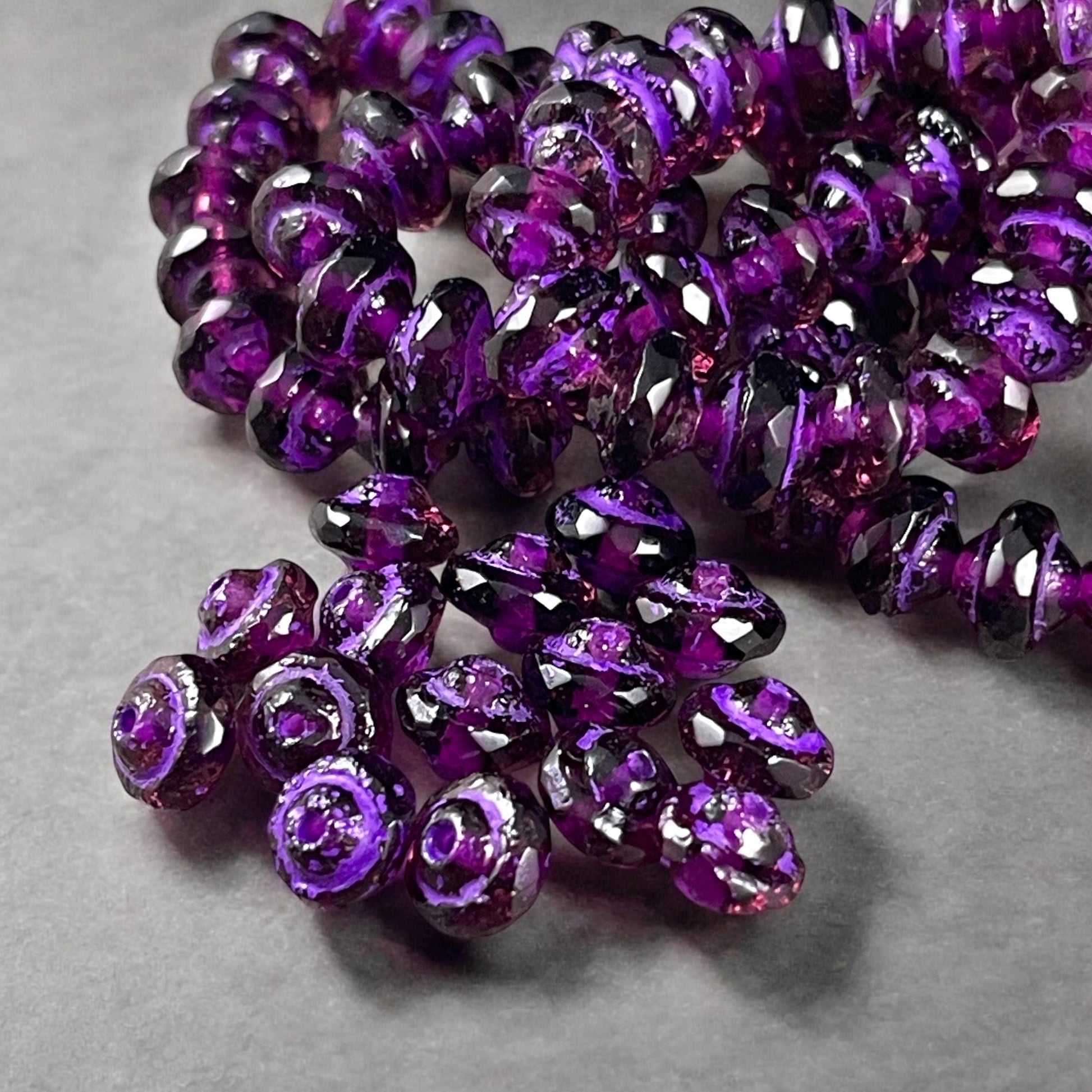 Purple 8x6mm Bicone, Czech Glass Beads, Transparent Purple with Etched Finish and Purple Wash (SAT/N-2068) * Qty. 15