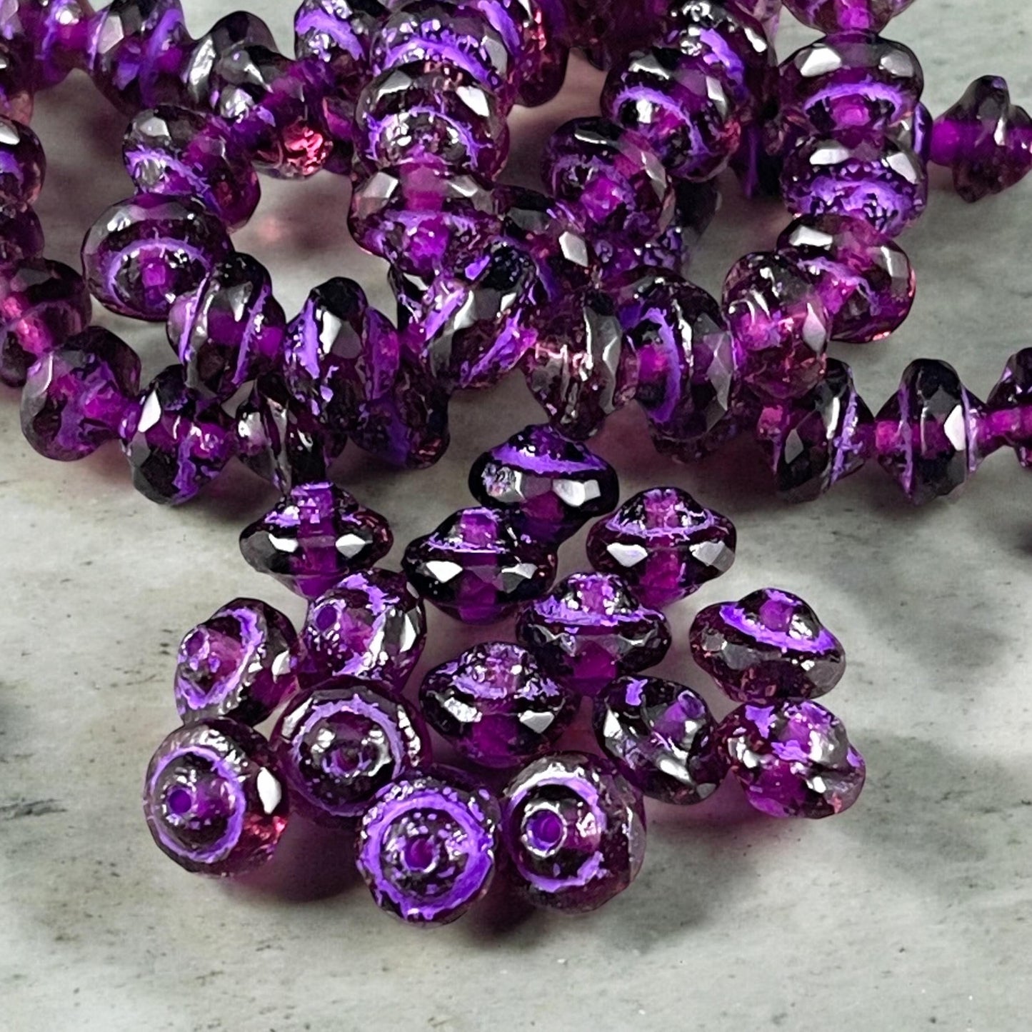 Purple 8x6mm Bicone, Czech Glass Beads, Transparent Purple with Etched Finish and Purple Wash (SAT/N-2068) * Qty. 15