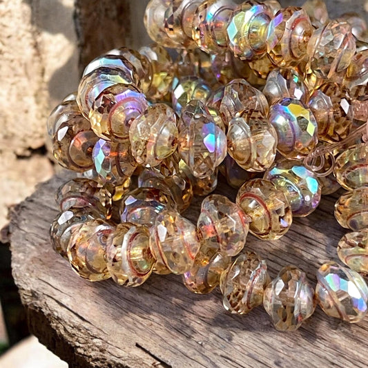 Golden Transparent 8x6mm Bicone, Czech Glass Beads, Transparent Picasso with AB Finish (SAT/N-0713) * Qty. 15