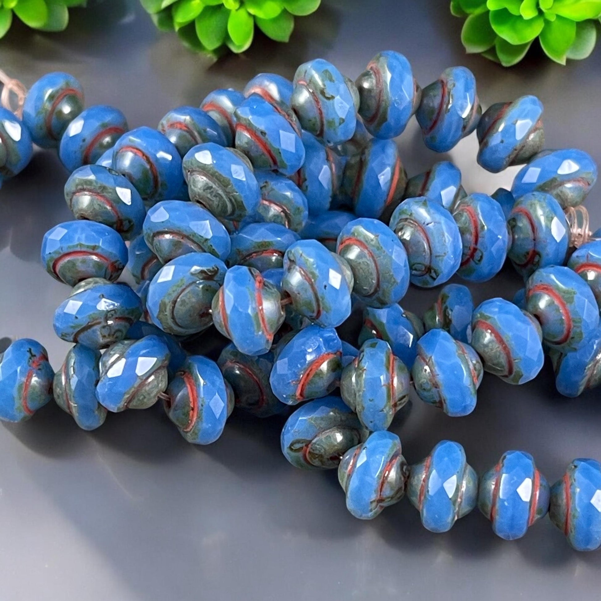 Blue 8x6mm Bicone, Czech Glass Beads, Cornflower Blue with Rustic Picasso (SAT/N-1074) * Qty. 15