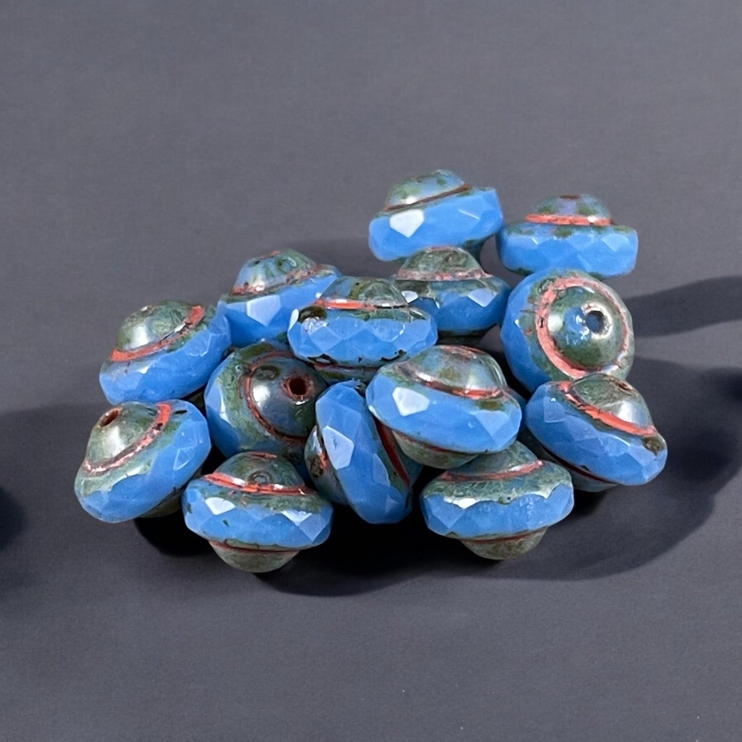 Blue 8x6mm Bicone, Czech Glass Beads, Cornflower Blue with Rustic Picasso (SAT/N-1074) * Qty. 15