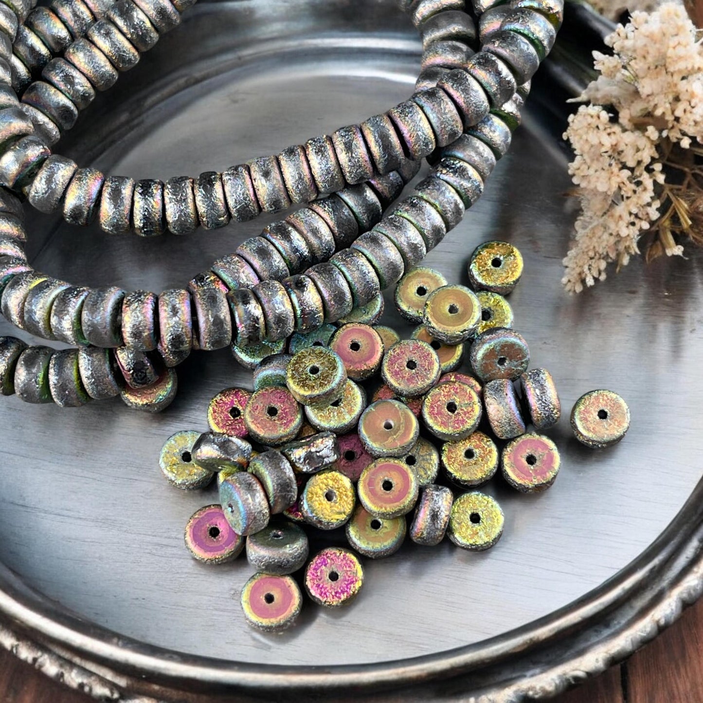 6mm Etched Light Gray Heishi Rondelle, Czech Glass Beads, Gray with Peacock and AB Finishes (HSH/N-0324) * 50 Beads