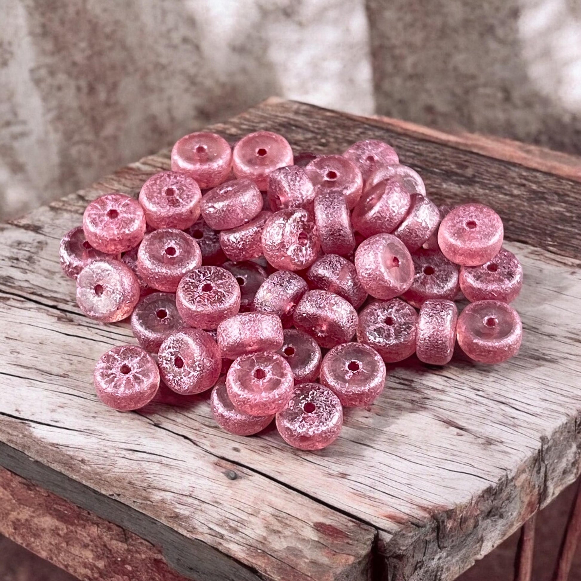 6mm Pink Heishi Rondelle, Czech Glass Beads, Etched Dusty Rose with Shimmery Pink Finish (HSH/N-0306) * 50 Beads