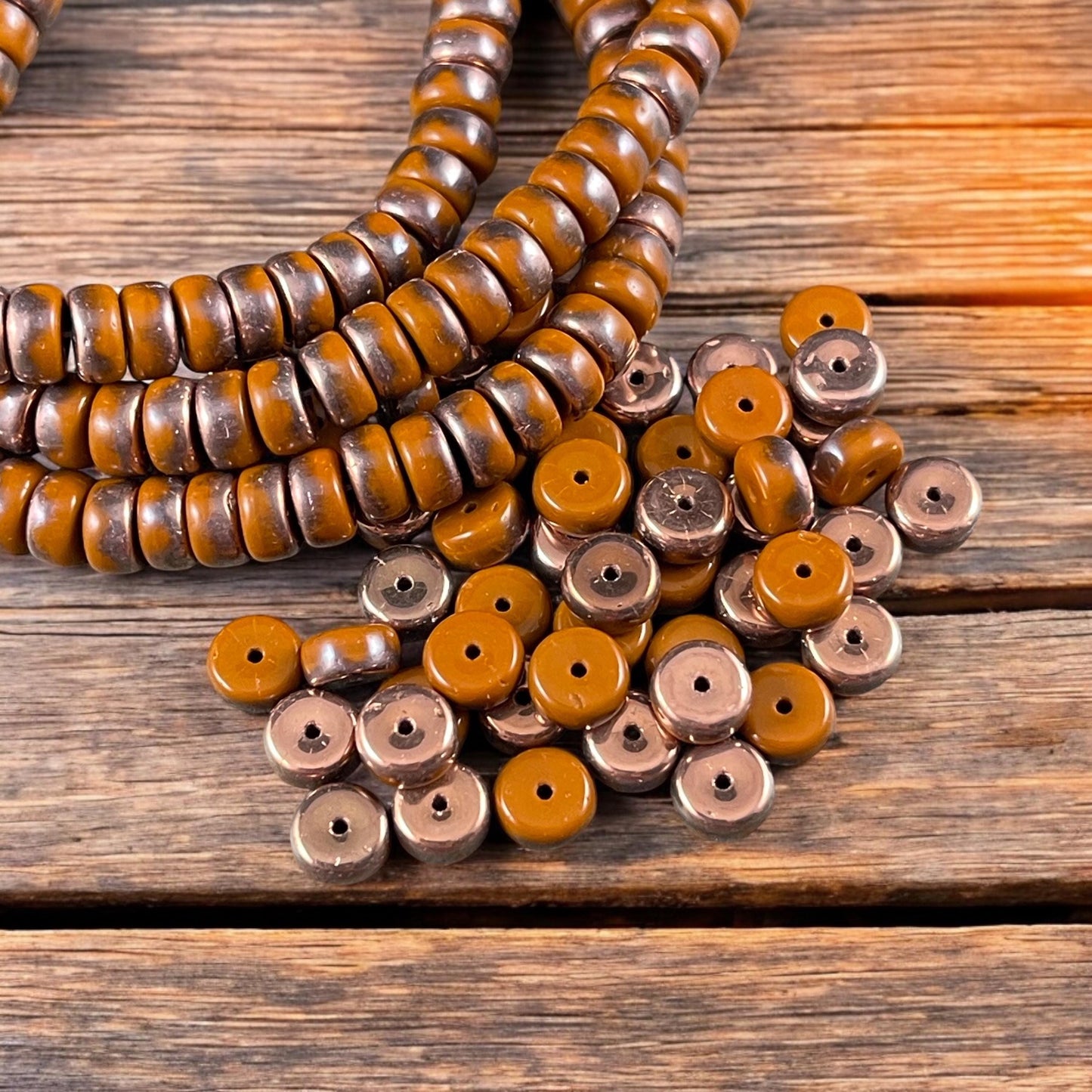 6mm Orange Heishi Rondelle, Czech Glass Beads, Burnt Orange with Copper Metallic Finish (HSH/N-0298) * 50 Beads