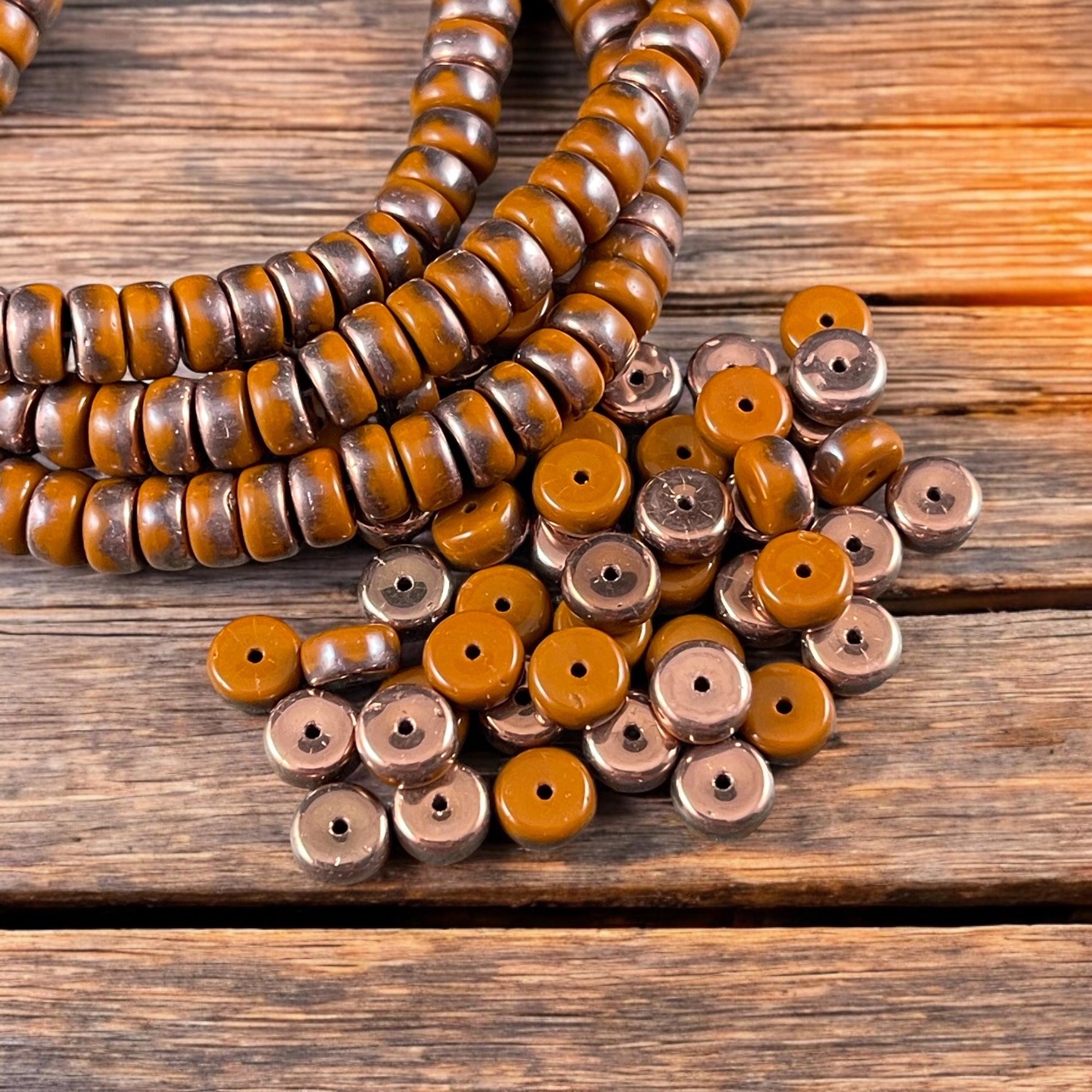 6mm Orange Heishi Rondelle, Czech Glass Beads, Burnt Orange with Copper Metallic Finish (HSH/N-0298) * 50 Beads