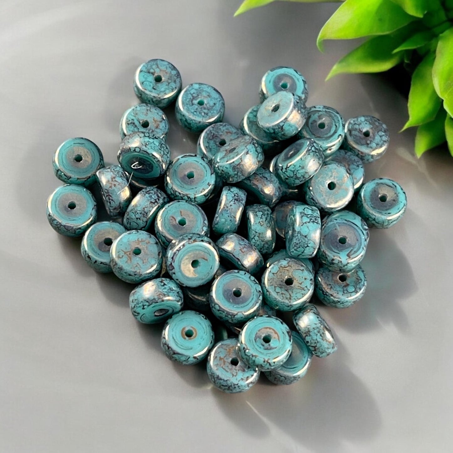 6mm Marbled Turquoise Heishi Rondelle, Czech Glass Beads, Dark Turquoise with Bronze Picasso Finish (HSH/N-0303) * 50 Beads