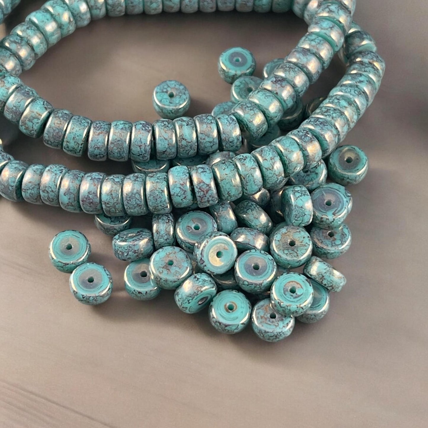 6mm Marbled Turquoise Heishi Rondelle, Czech Glass Beads, Dark Turquoise with Bronze Picasso Finish (HSH/N-0303) * 50 Beads