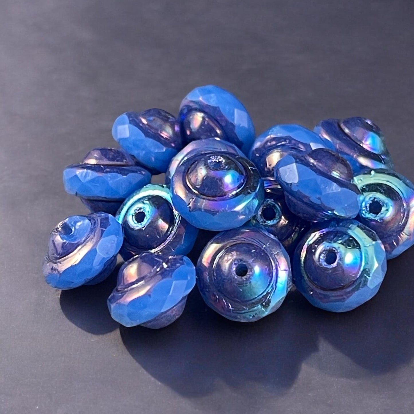 Blue 8x6mm Bicone, Czech Glass Beads, Cornflower Blue with Bronze Picasso and AB Finish (SAT/N-0792) * Qty. 15