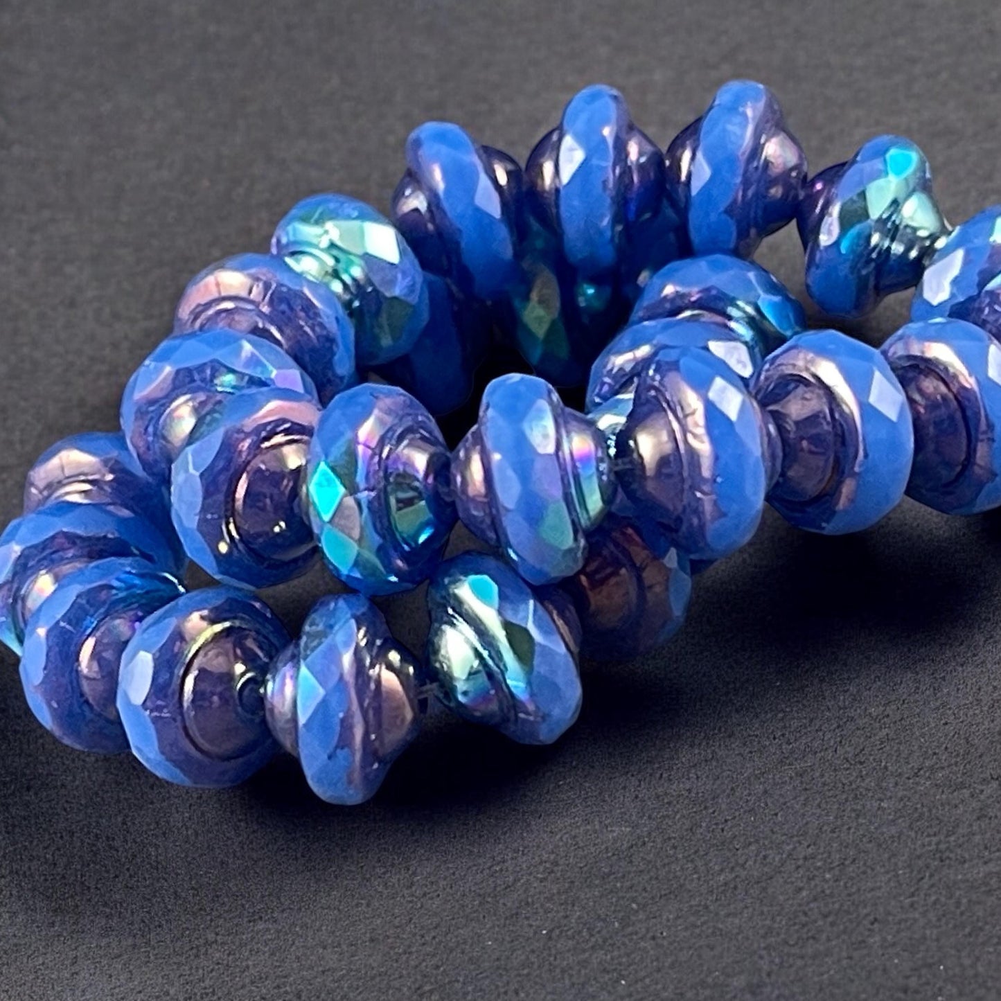 Blue 8x6mm Bicone, Czech Glass Beads, Cornflower Blue with Bronze Picasso and AB Finish (SAT/N-0792) * Qty. 15