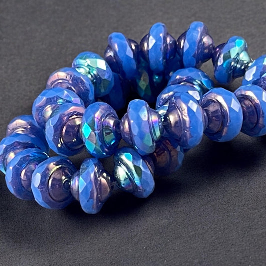 Blue 8x6mm Bicone, Czech Glass Beads, Cornflower Blue with Bronze Picasso and AB Finish (SAT/N-0792) * Qty. 15