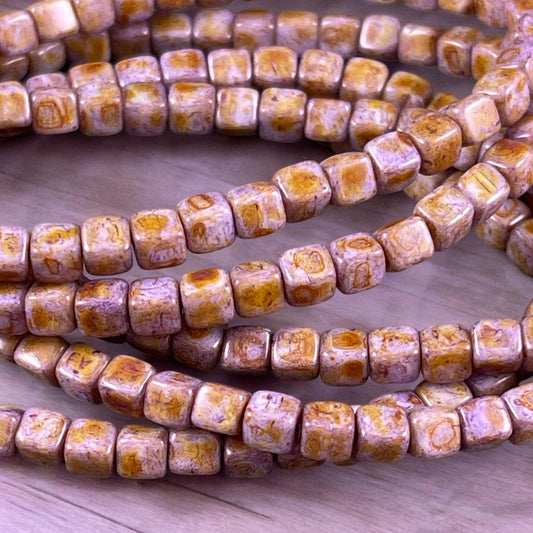 Czech Glass Beads - 4mm Cube Beads, Thistle Purple with Rust Picasso Finish (CUB/N-0818) * Qty. 40