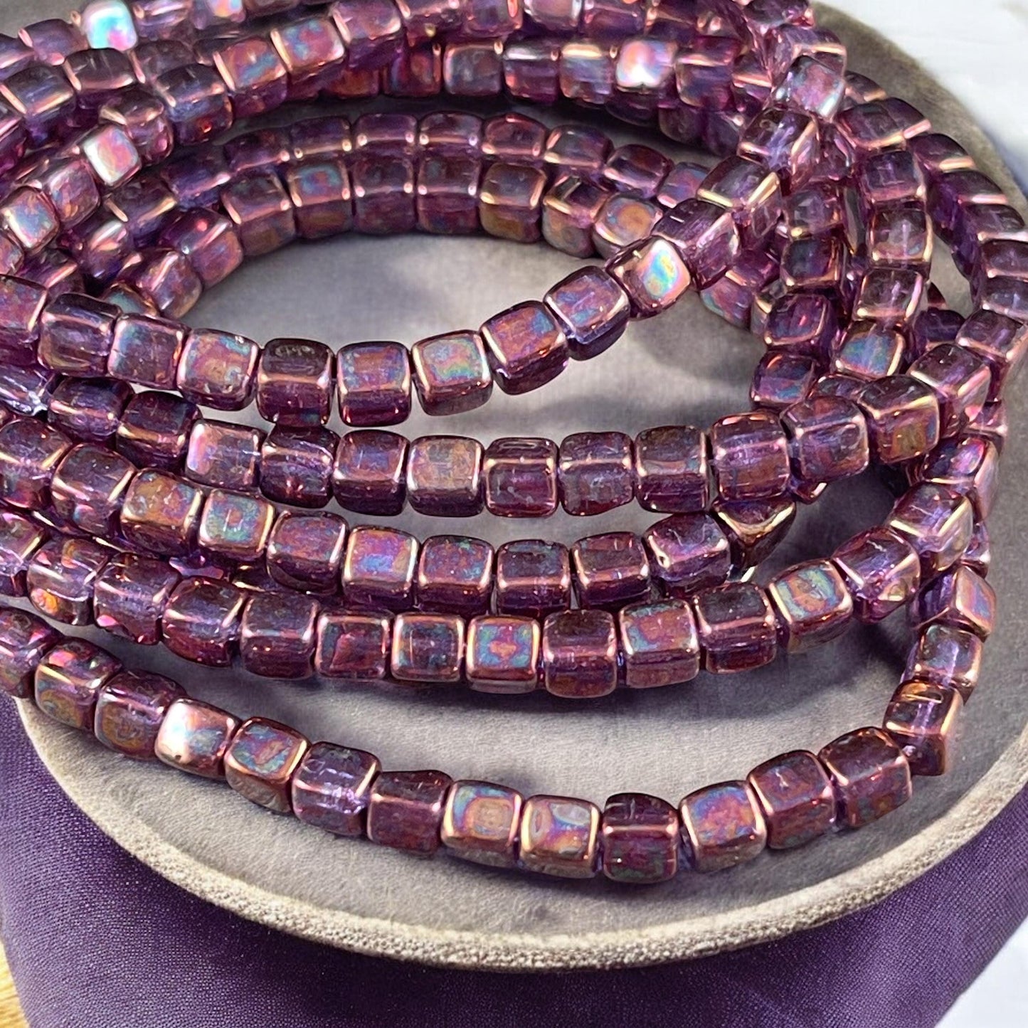 4mm Czech Glass Cube Beads, Metallic Rust Czech Glass Beads with Purple Iridescent Finish (CUB/N-0917) * Qty. 40