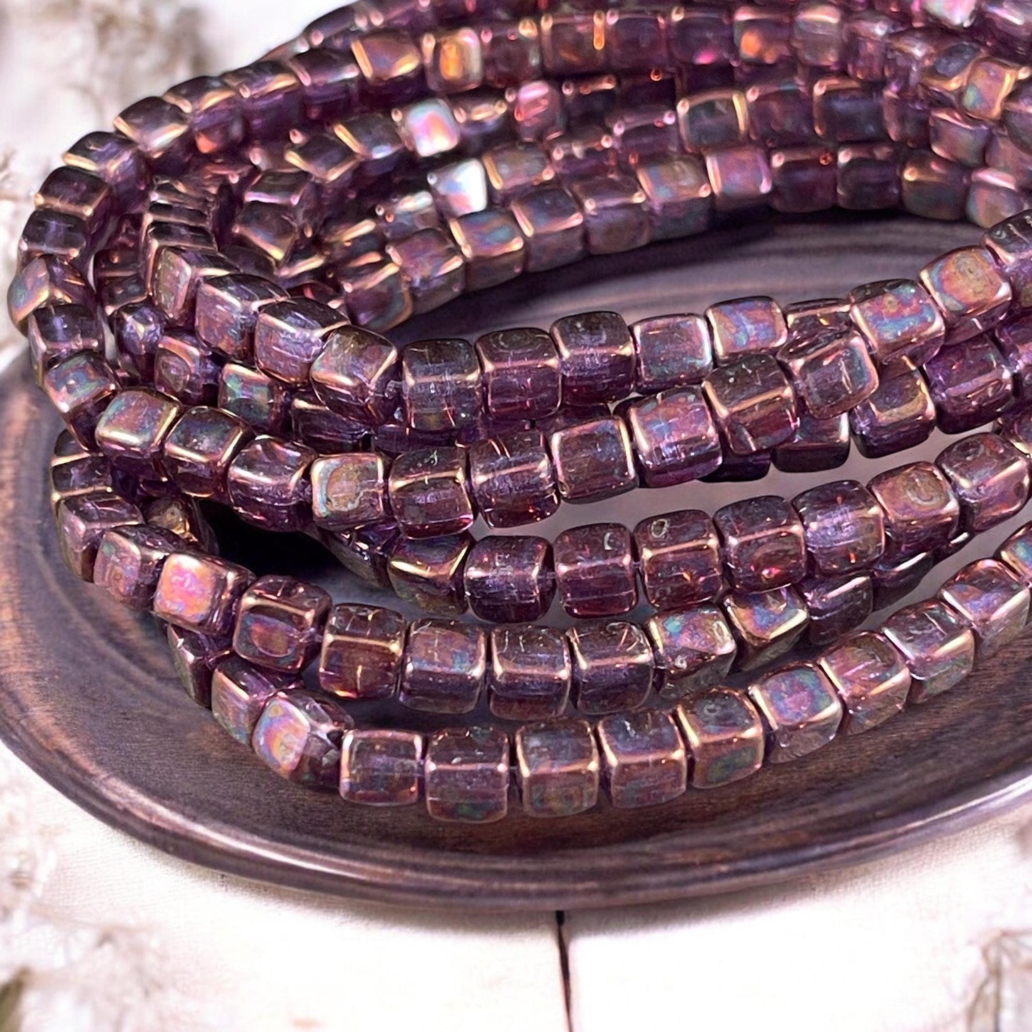 4mm Czech Glass Cube Beads, Metallic Rust Czech Glass Beads with Purple Iridescent Finish (CUB/N-0917) * Qty. 40