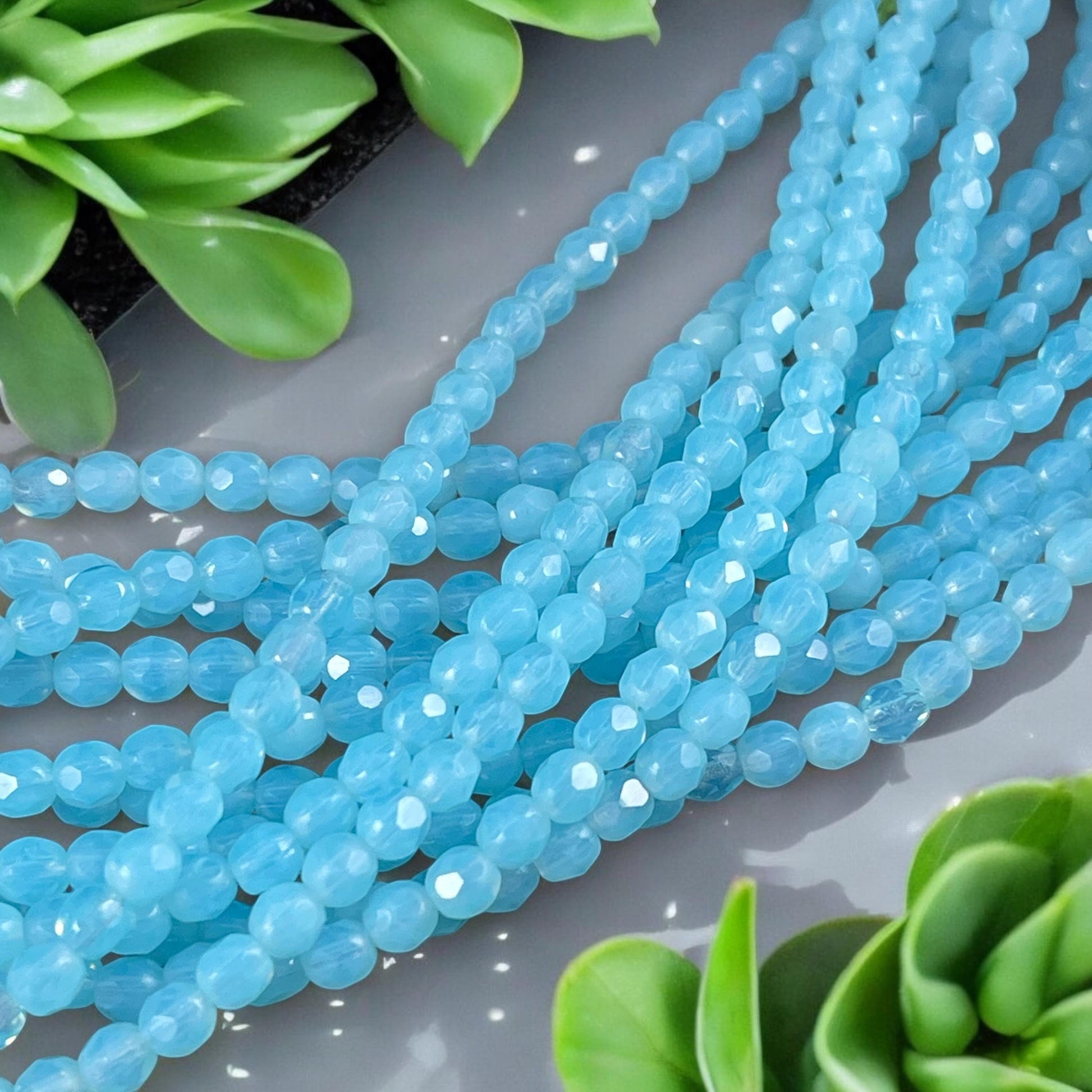 Light Blue Czech Glass Beads, Aquamarine 4mm Faceted Beads, Milky and Transparent Aqua (FP4/SM-61000) * Qty 50