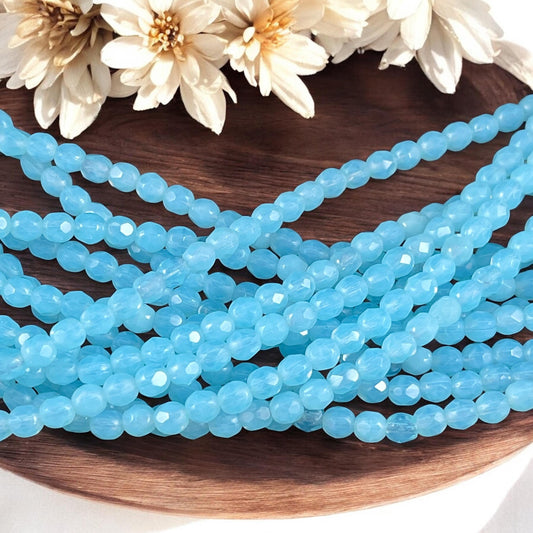 Light Blue Czech Glass Beads, Aquamarine 4mm Faceted Beads, Milky and Transparent Aqua (FP4/SM-61000) * Qty 50