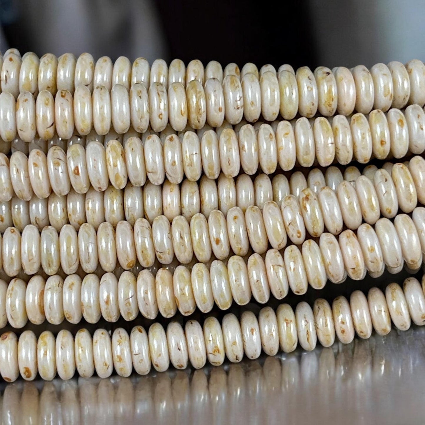 Czech Glass Beads - 6x2mm Heishi Rondelle, Ivory Beige Picasso (RD6/SM-P65401) * Qty. 50