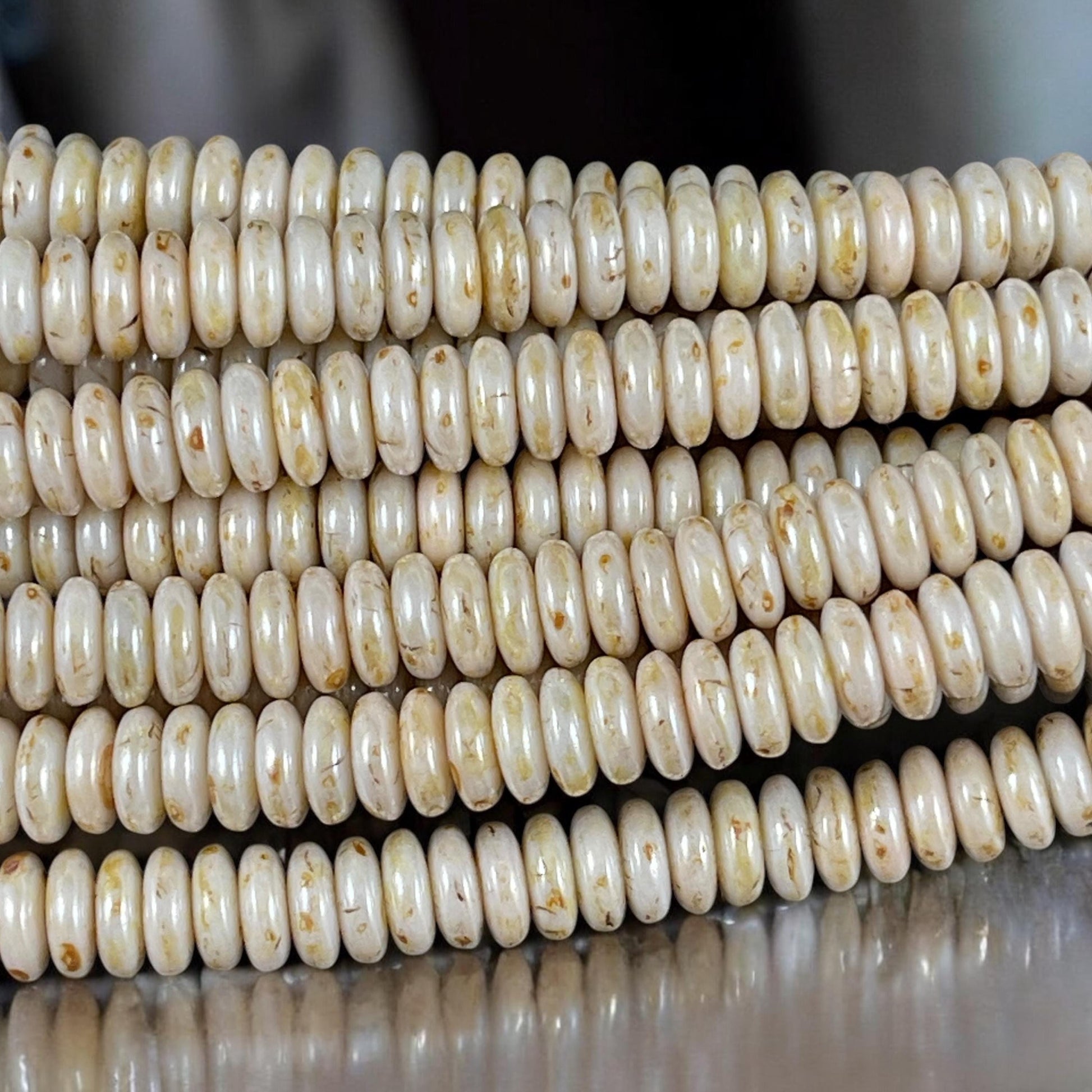 Czech Glass Beads - 6x2mm Heishi Rondelle, Ivory Beige Picasso (RD6/SM-P65401) * Qty. 50