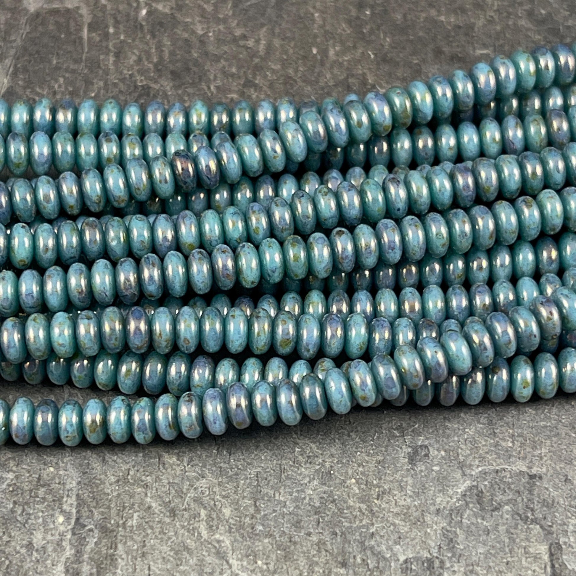 Turquoise Picasso 4x2mm Rondelle Blue and Bronze Czech Glass Beads - Turquoise Bronze Picasso Heishi Rondelle (RD4/SM-BT6313) * Qty. 100