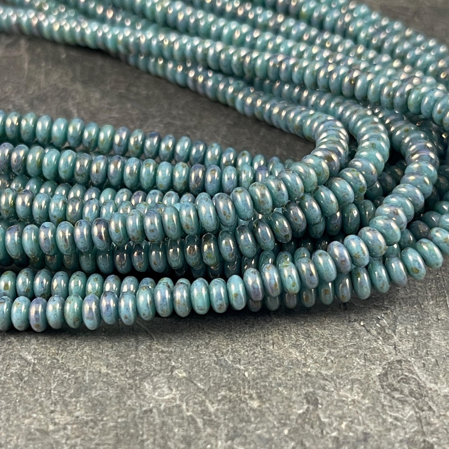 Turquoise Picasso 4x2mm Rondelle Blue and Bronze Czech Glass Beads - Turquoise Bronze Picasso Heishi Rondelle (RD4/SM-BT6313) * Qty. 100