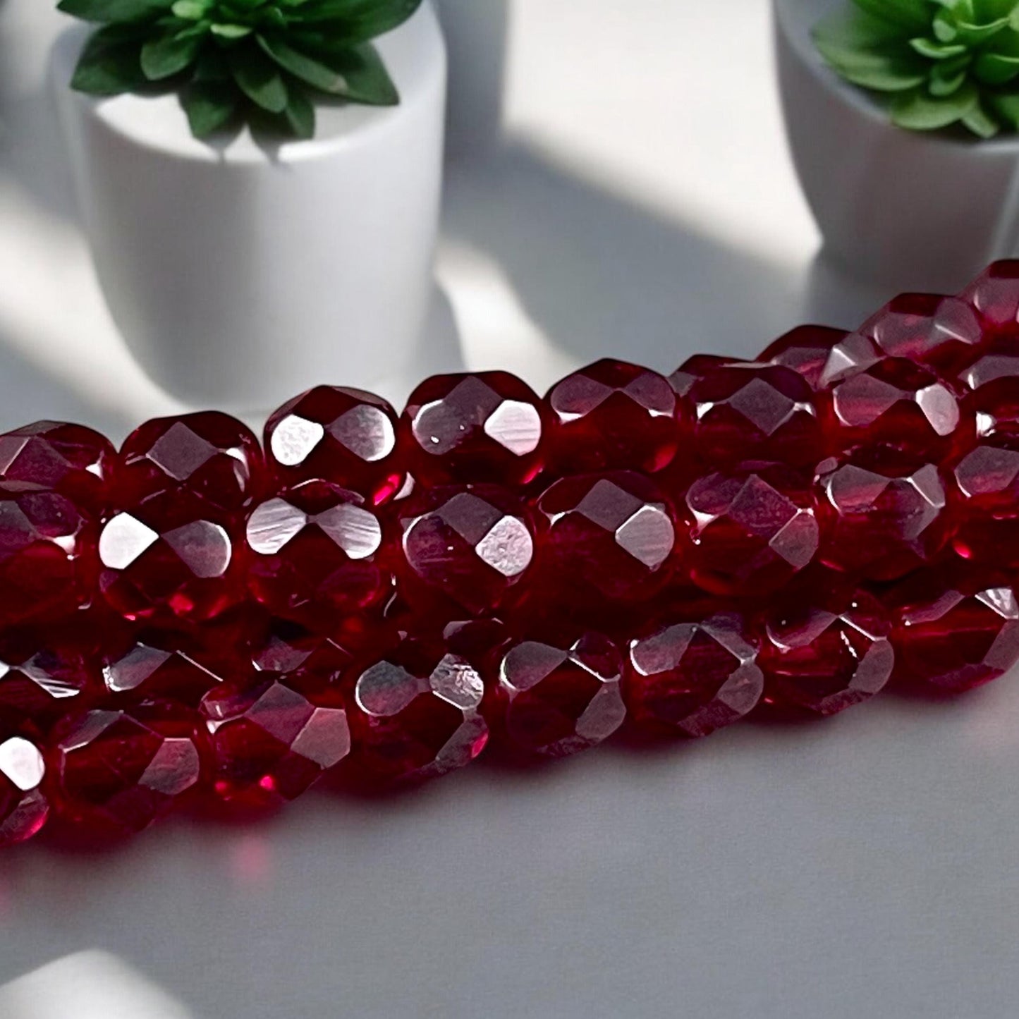 Garnet Czech Beads 6mm Czech Glass Fire Polished Beads 6mm Faceted Round Beads - Dark Red Garnet (FP6/SM-9011) - Qty 25