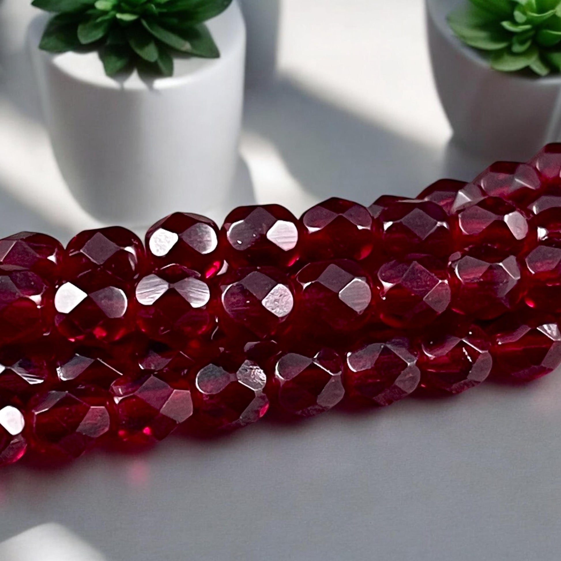 Garnet Czech Beads 6mm Czech Glass Fire Polished Beads 6mm Faceted Round Beads - Dark Red Garnet (FP6/SM-9011) - Qty 25