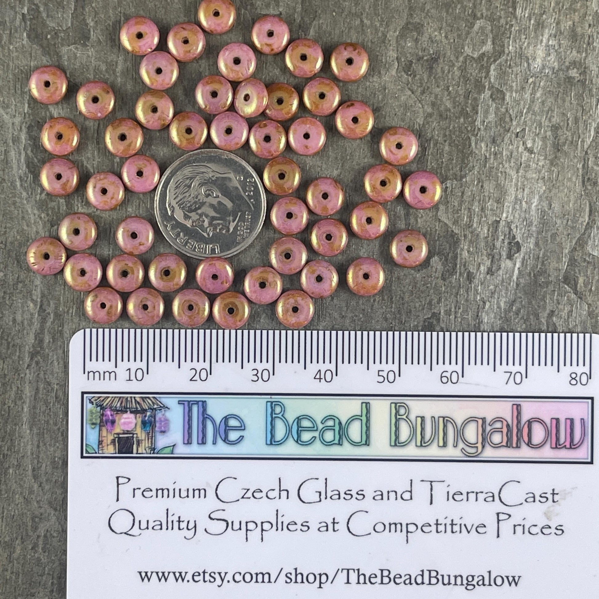 Czech Glass Beads - 6x2mm Heishi Rondelle, Pink and Rose Gold Luster (RD6/SM-P65491) * Qty. 50