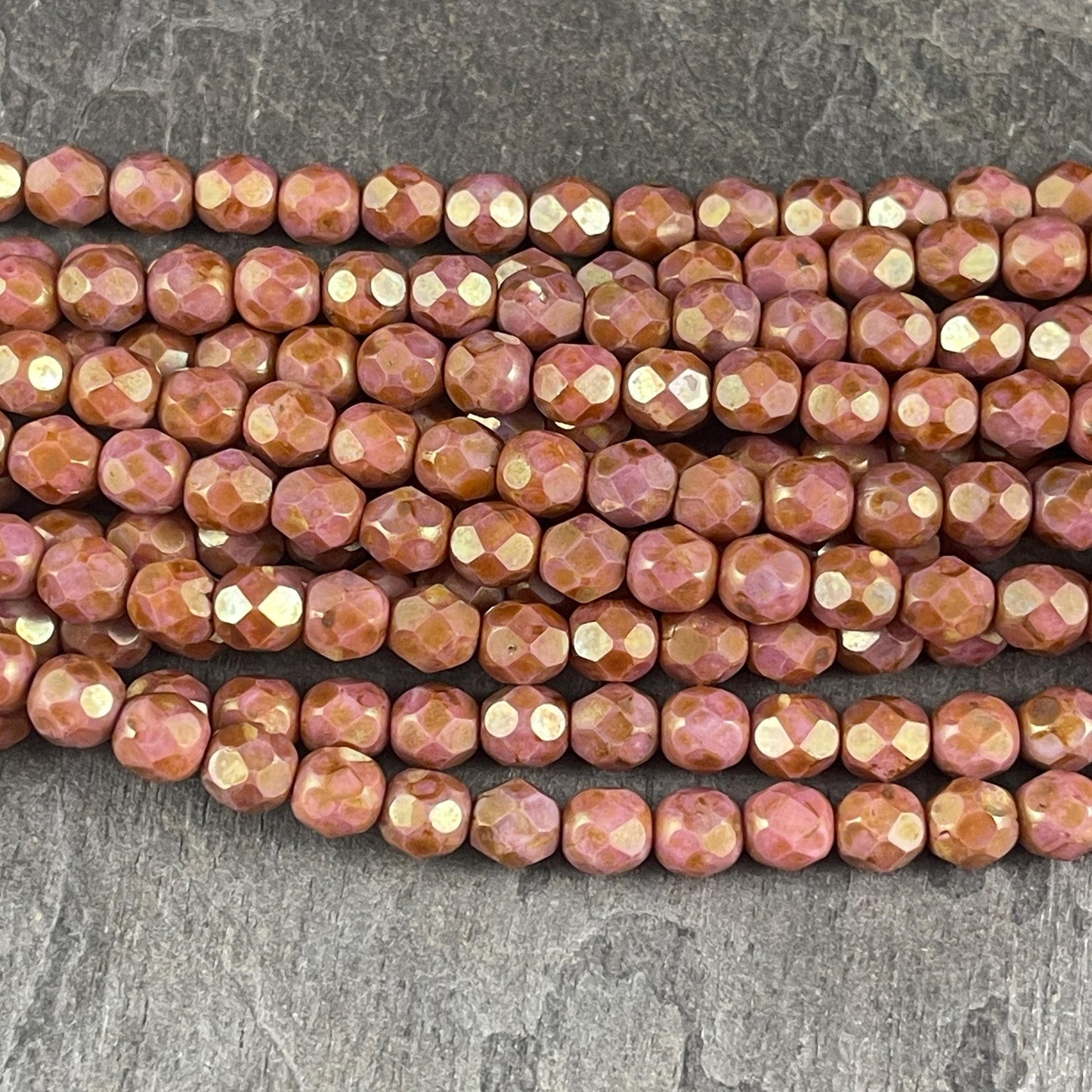 Rose Gold Picasso, Salmon Pink 6mm Czech Glass Faceted Beads with Topaz Luster Finish * (FP6/SM-P65491) * Qty. 25