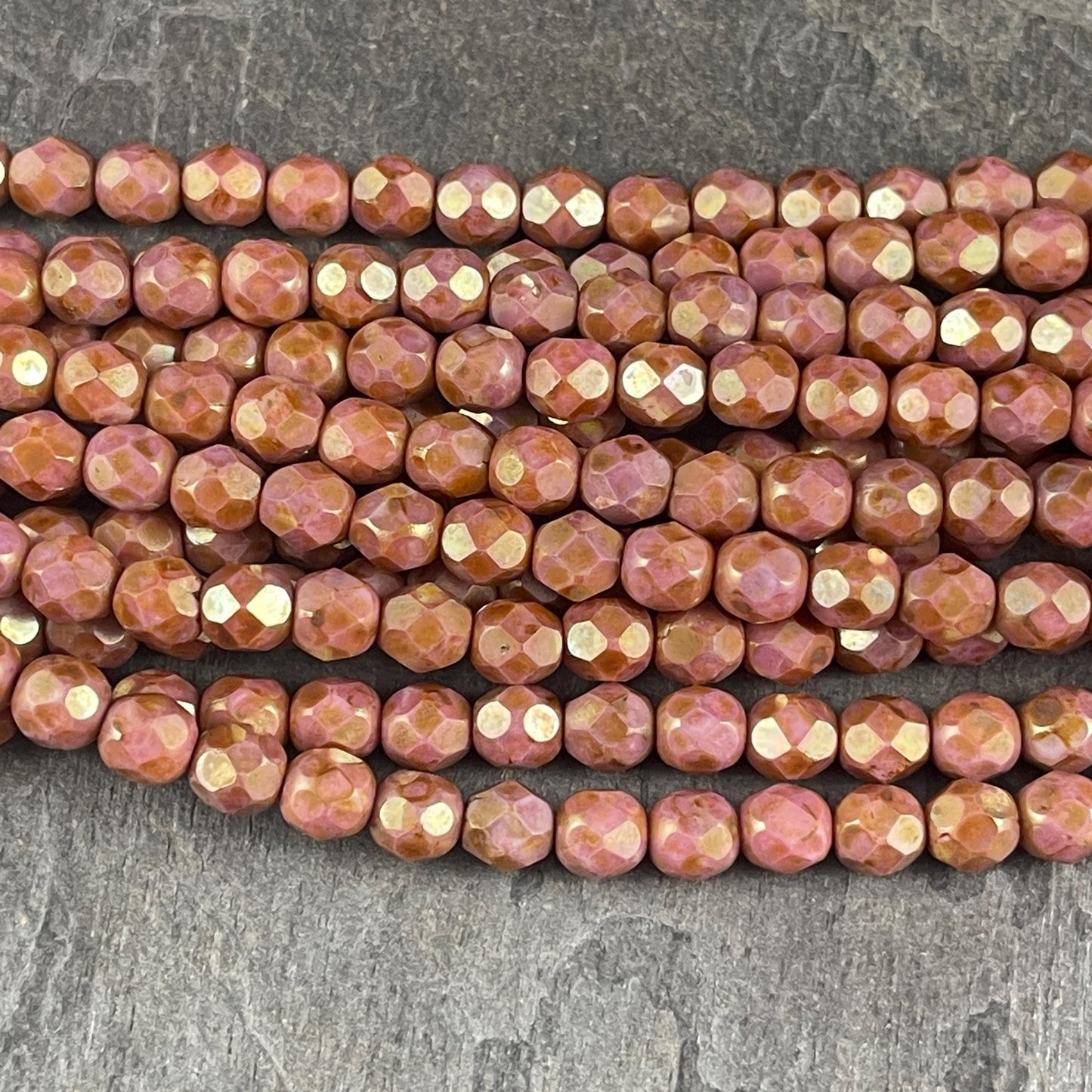 Rose Gold Picasso, Salmon Pink 6mm Czech Glass Faceted Beads with Topaz Luster Finish * (FP6/SM-P65491) * Qty. 25