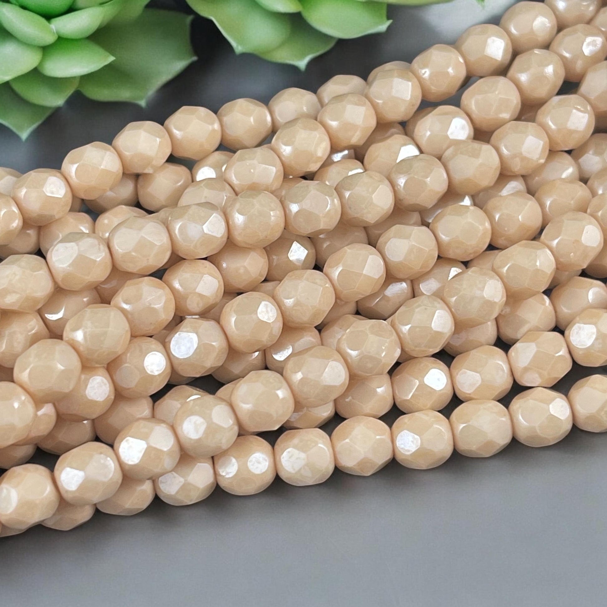 Opaque Beige 6mm Czech Glass Beads, Beige Luster Faceted Beads - (FP6/SM-P14413) * Qty. 25