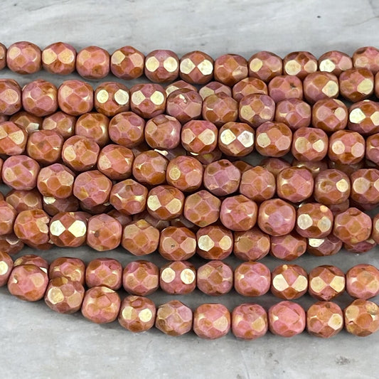 Rose Gold Picasso, Salmon Pink 6mm Czech Glass Faceted Beads with Topaz Luster Finish * (FP6/SM-P65491) * Qty. 25