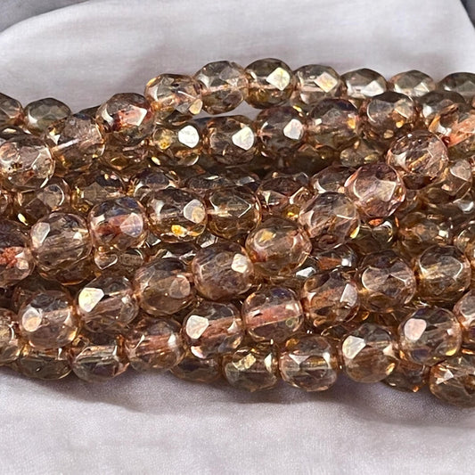 Czech Glass Beads - Transparent Light Topaz Picasso 6mm Faceted Round Bead, Smoky Gold Topaz (FP6/SM-15695) * Qty. 25